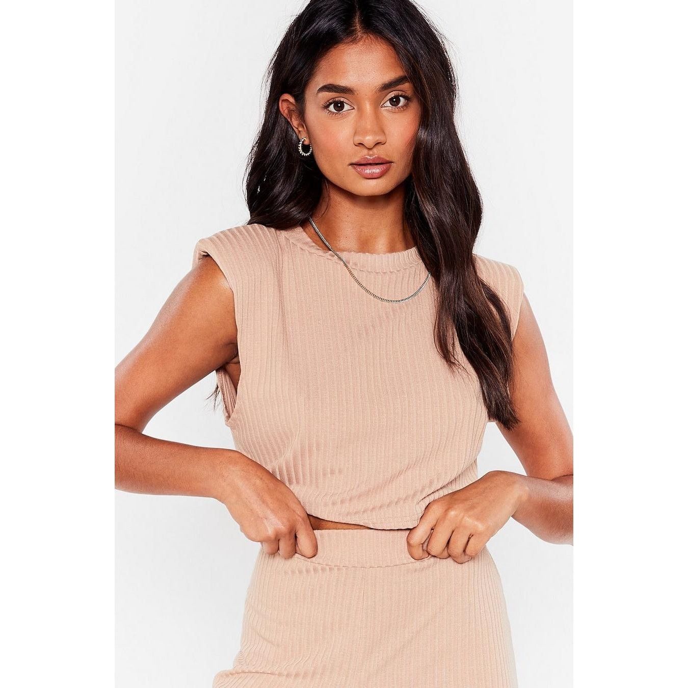 Nasty Gal Nasty Gal NWT Taupe Ribbed Padded Shoulders Crop Top - Small Size S / US 4 / IT 40 - 1 Thumbnail