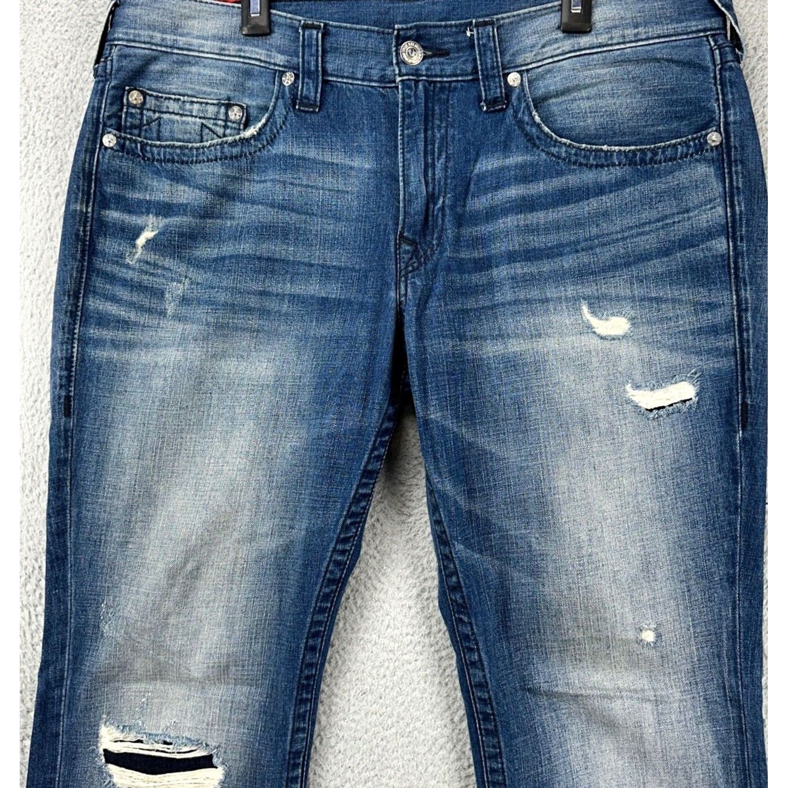 True Religion True Religion Jeans Mens 38 Blue Distressed Straight Denim Pocket Zipper Button Cap Size US 38 / EU 54 - 2 Thumbnail
