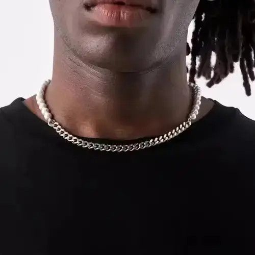 Chain x Jewelry Silver Colour Half Imitation Pearls Necklace in White, Men's