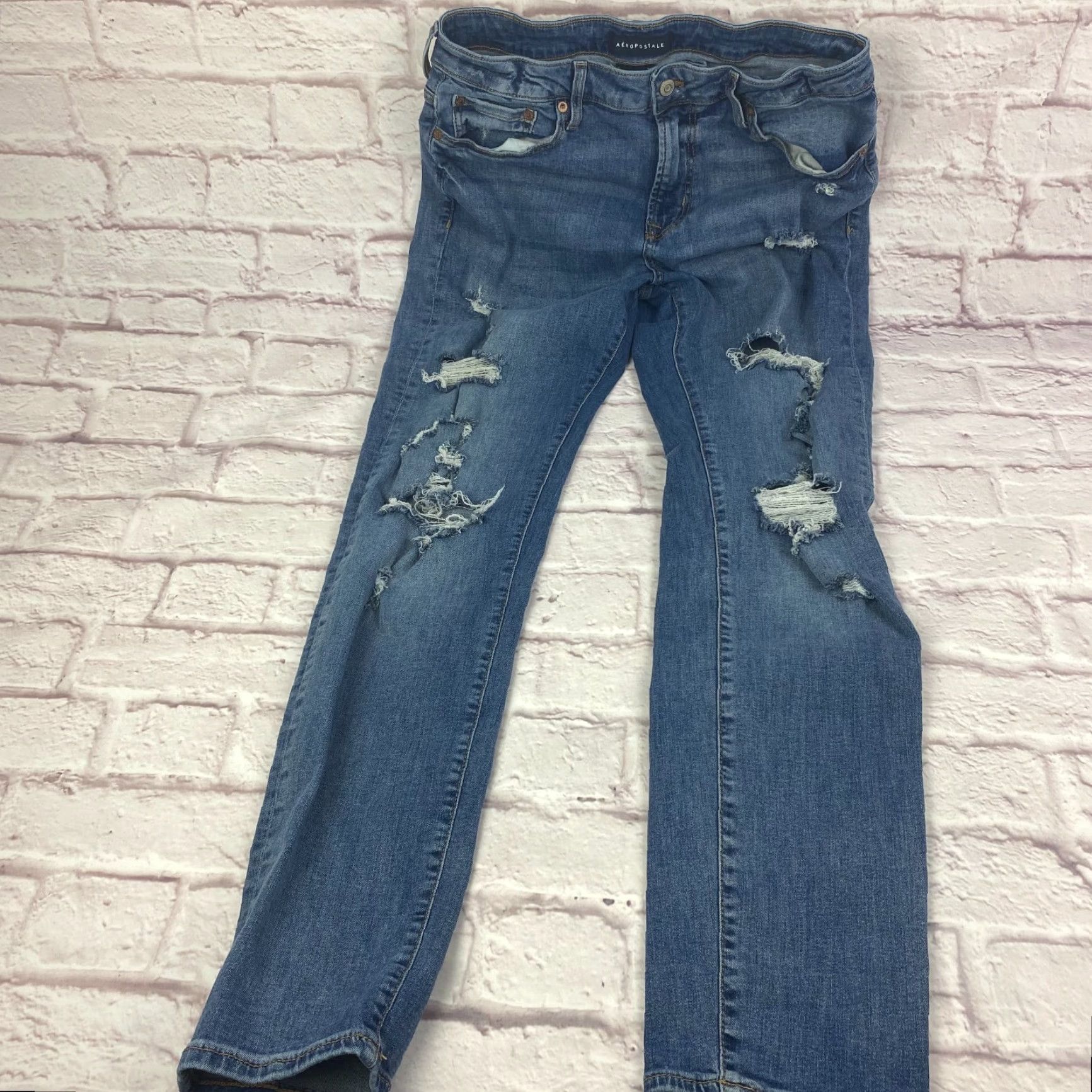 Vintage Aéropostale Men Skinny Jeans 34 Blue Distressed Stretch Medium Wash Jeans Size US 34 / EU 50 - 2 Thumbnail