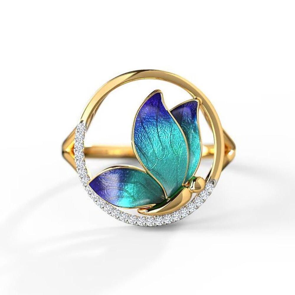Designer Handmade Blue Epoxy Butterfly Gold Enamel Ring - Size 7 Size ONE SIZE - 4 Thumbnail