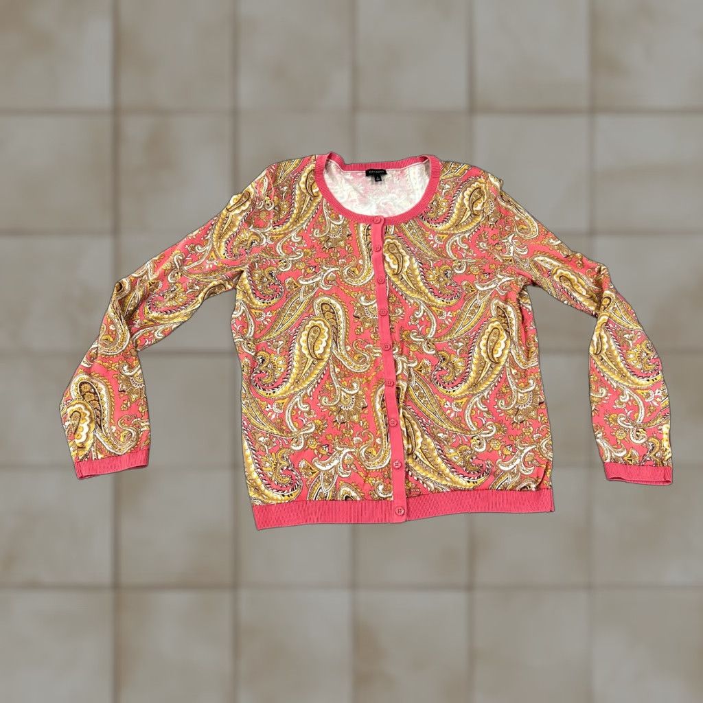 Talbots Talbots Cardigan Womens Large Pink Paisley Button Front Long Sleeve Lightweight Crew Neck Knit Cotton Regular Fit Size L / US 10 / IT 46 - 1 Thumbnail