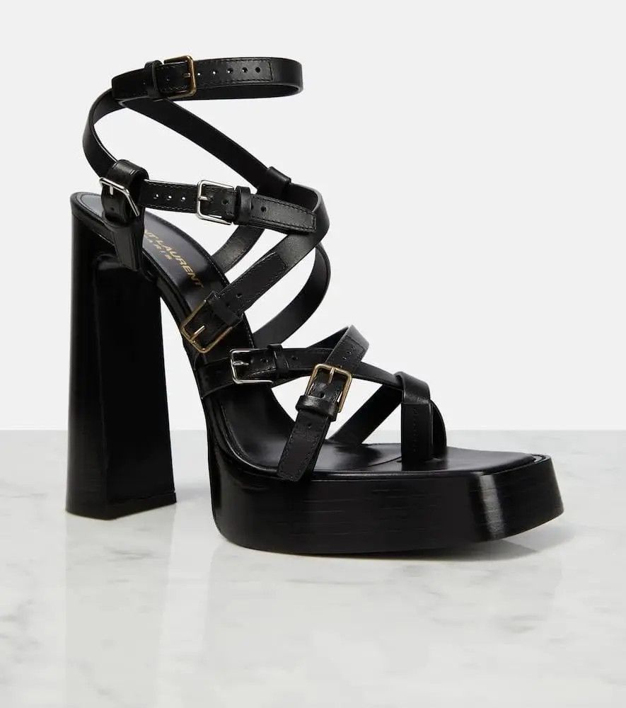 Saint Laurent Paris o1b1hav111224 Platz Platform Sandals in Smooth Leather Black Size US 10.5 / IT 40.5 - 7 Thumbnail