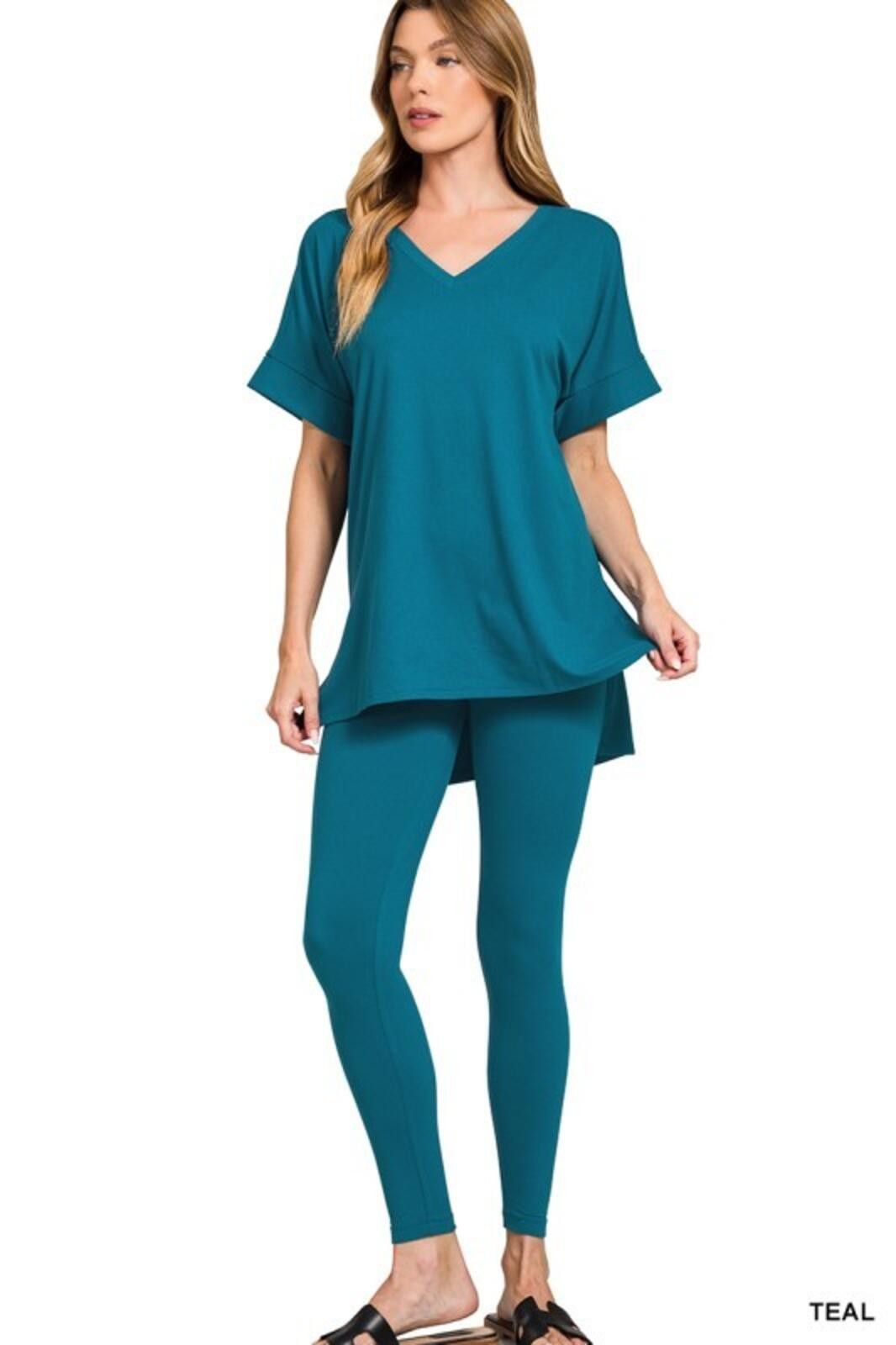 Other Zenana Teal Two-Piece V-Neck Top and Leggings Set Size ONE SIZE - 1 Preview