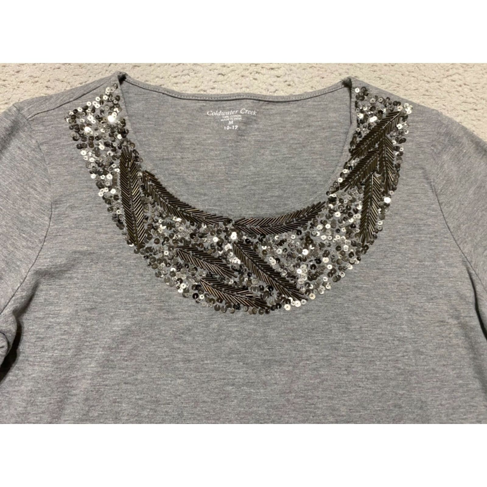 Coldwater Creek Coldwater Creek Shirt Gray Sequin 3/4 Sleeve Cotton Womens M Adult? Size M / US 6-8 / IT 42-44 - 3 Thumbnail