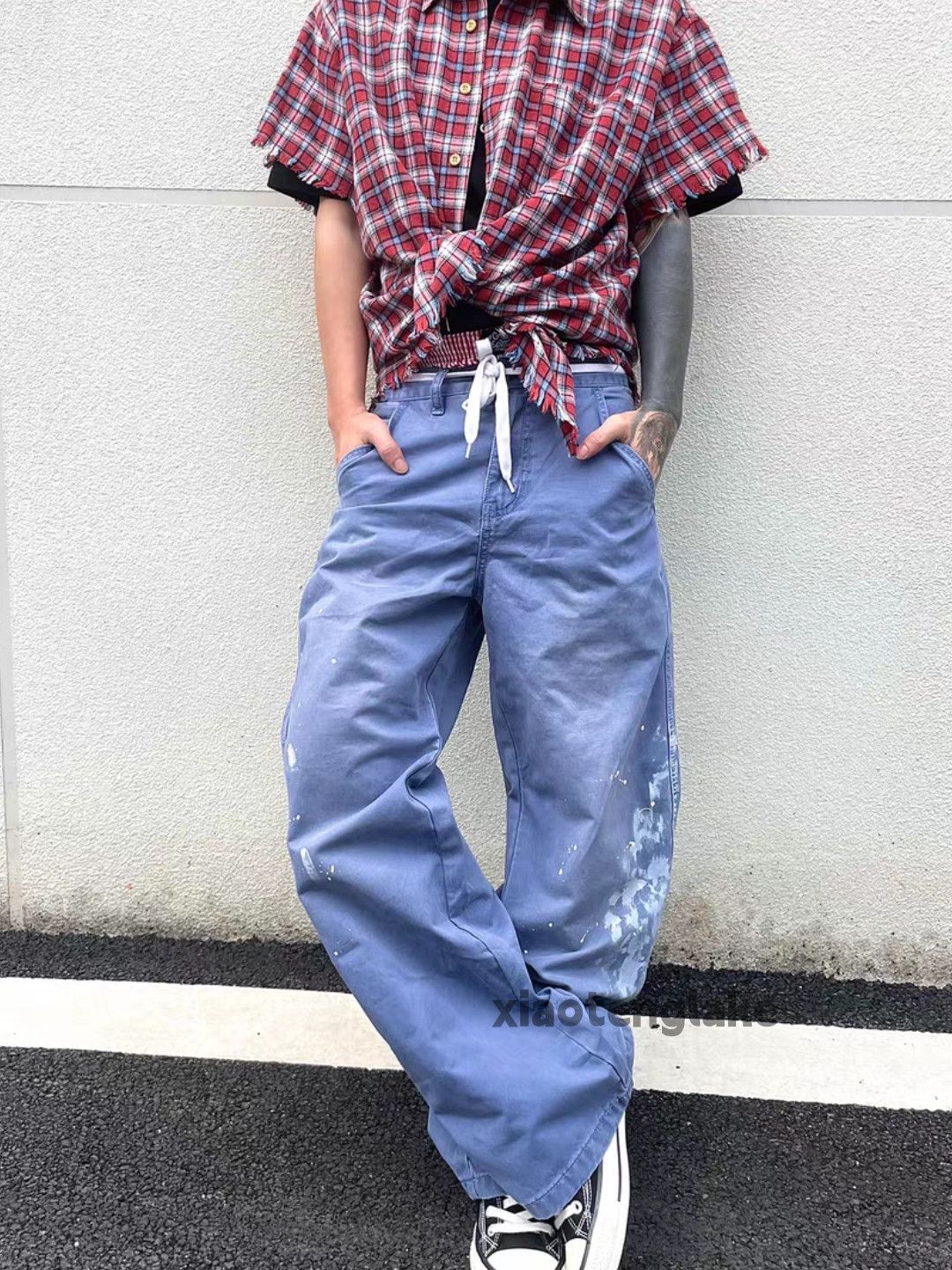 Designer Unisex washed faded loose baggy skate hiphop paint pants Size US 34 / EU 50 - 4 Thumbnail