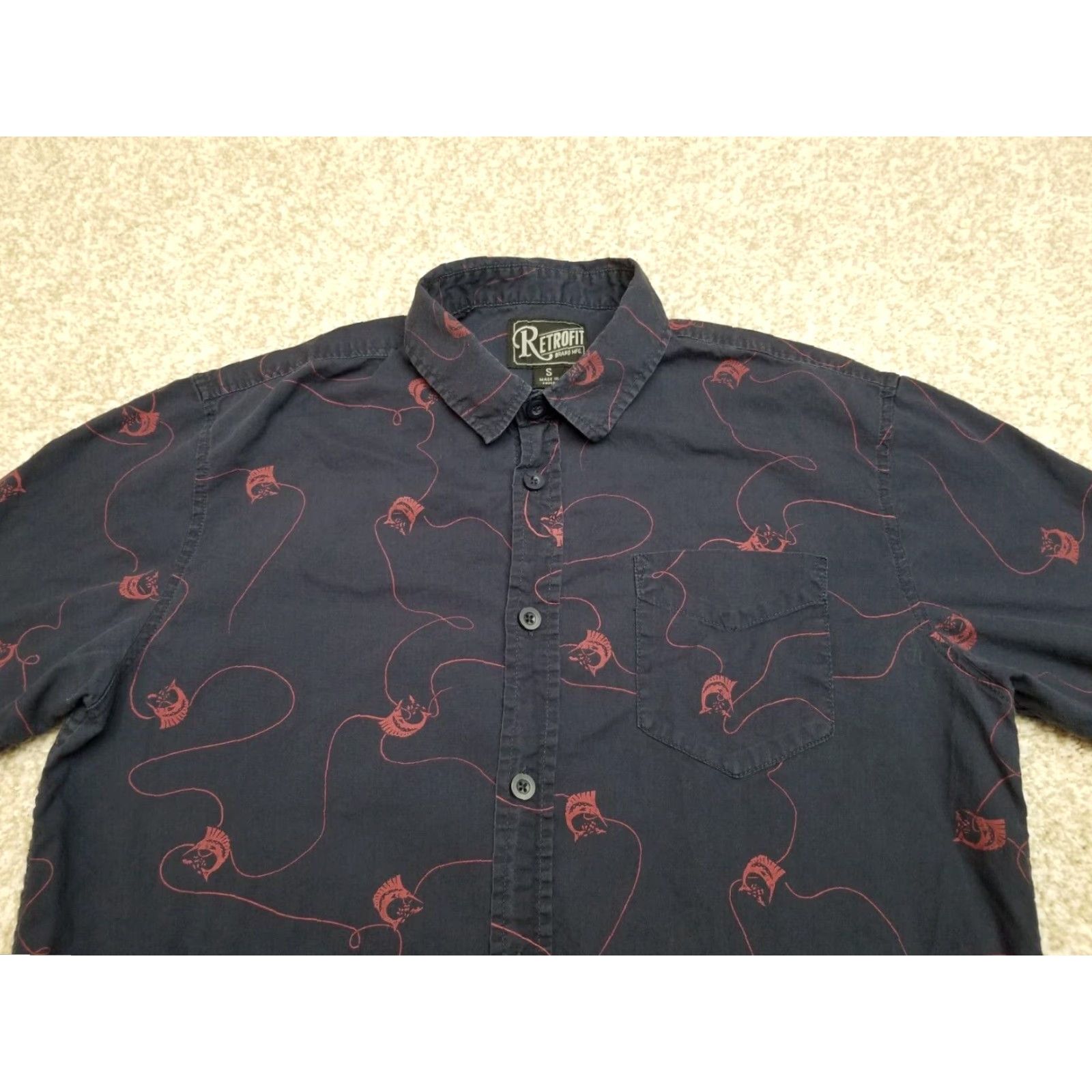 Vintage Retrofit Shirt Mens Small Blue Saltwater Fishing Print Short Sleeve 100% Cotton Shirt Casual With Pockets UV Protection Size US S / EU 44-46 / 1 - 2 Thumbnail