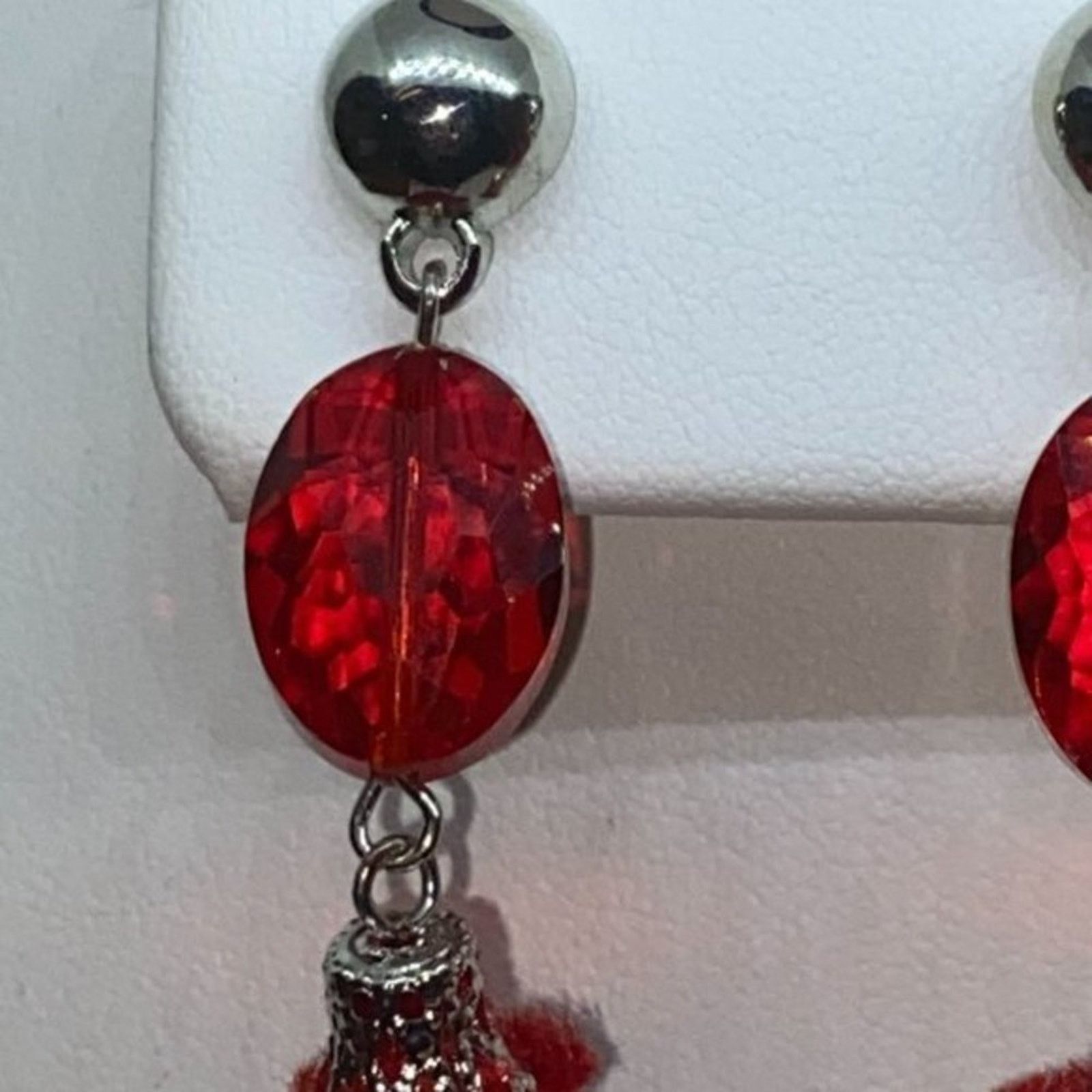 Handmade Silver-Tone Red Beaded & Pom-Pom Dangle Earrings Size ONE SIZE - 4 Thumbnail