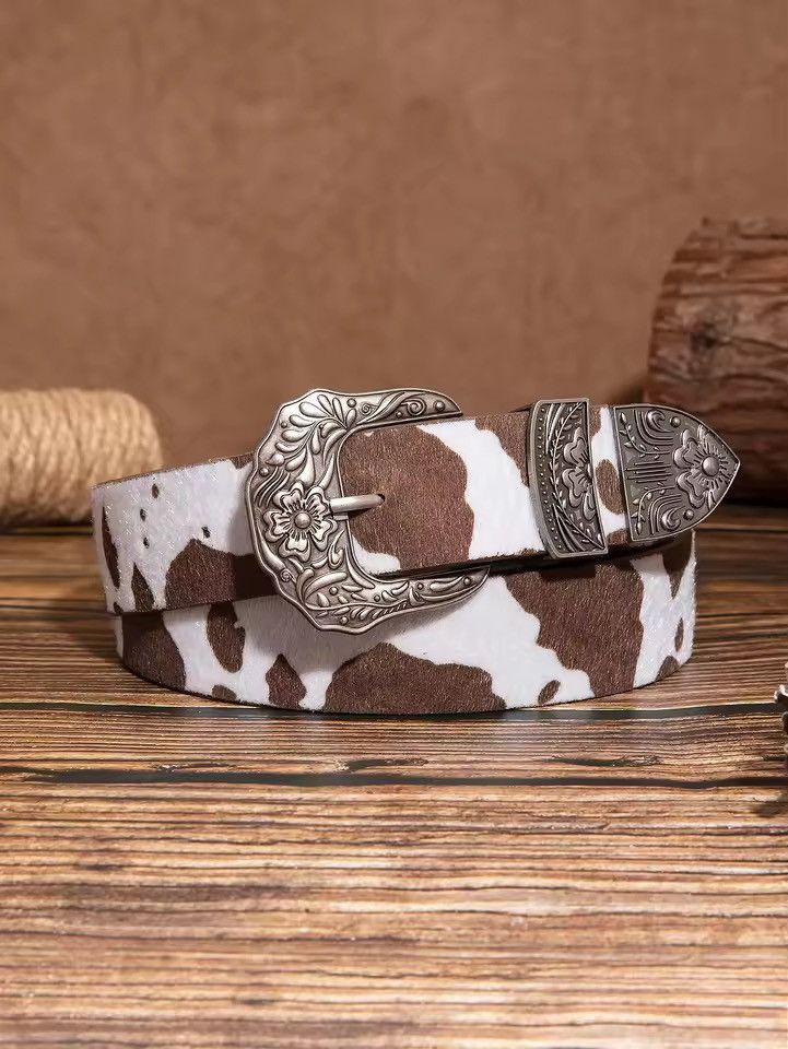 Japanese Brand 112 cm Cow Print PU Leather Western Belt Buckle Size ONE SIZE - 4 Thumbnail