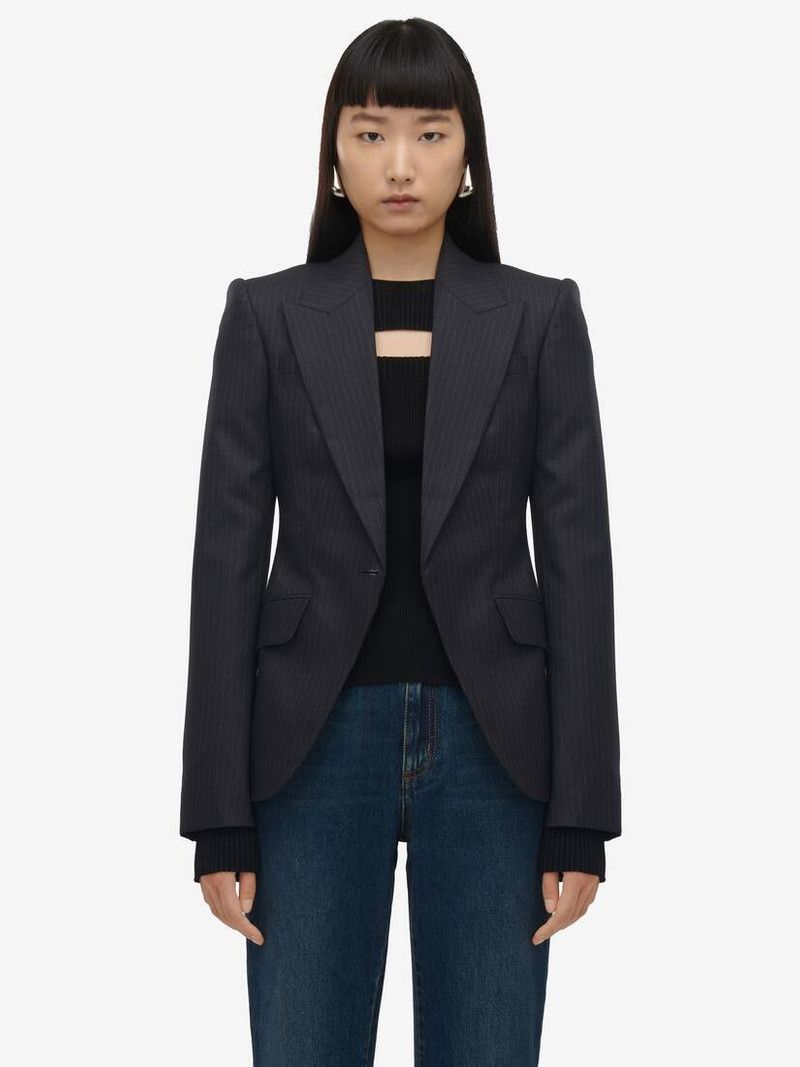 Alexander McQueen o1srvl11e0226 Pinstripe Single-Breasted Jacket In Grey Size L / US 10 / IT 46 - 2 Thumbnail