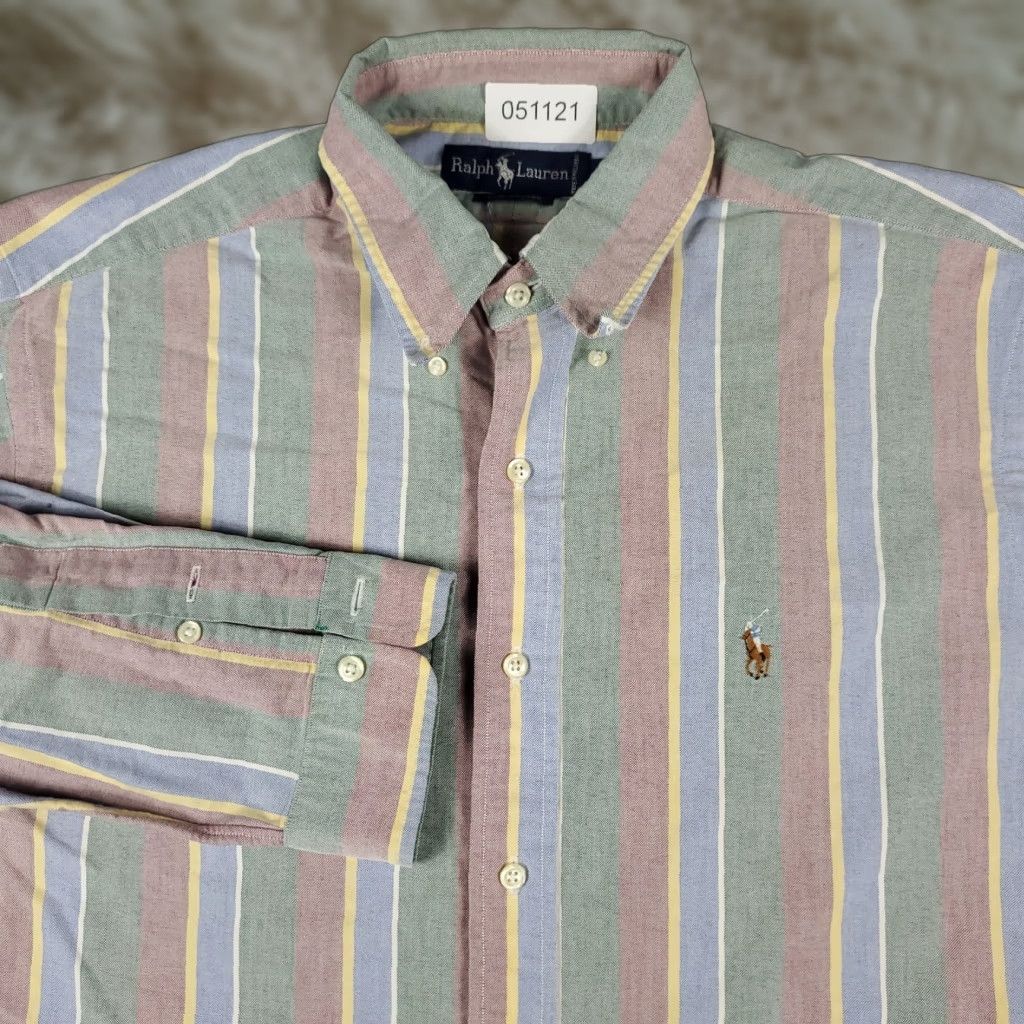 Ralph Lauren Ralph Lauren Shirt Mens 17 Blue Green Striped Dress Shirt Long Sleeve Button-Down Cotton Regular Fit Size 46R - 1 Thumbnail