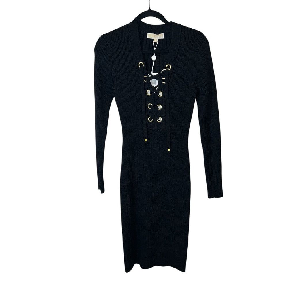 Michael Kors Michael Kors Ribbed Lace-Up Sweater Dress Black Gold NWT Size M / US 6-8 / IT 42-44 - 4 Thumbnail