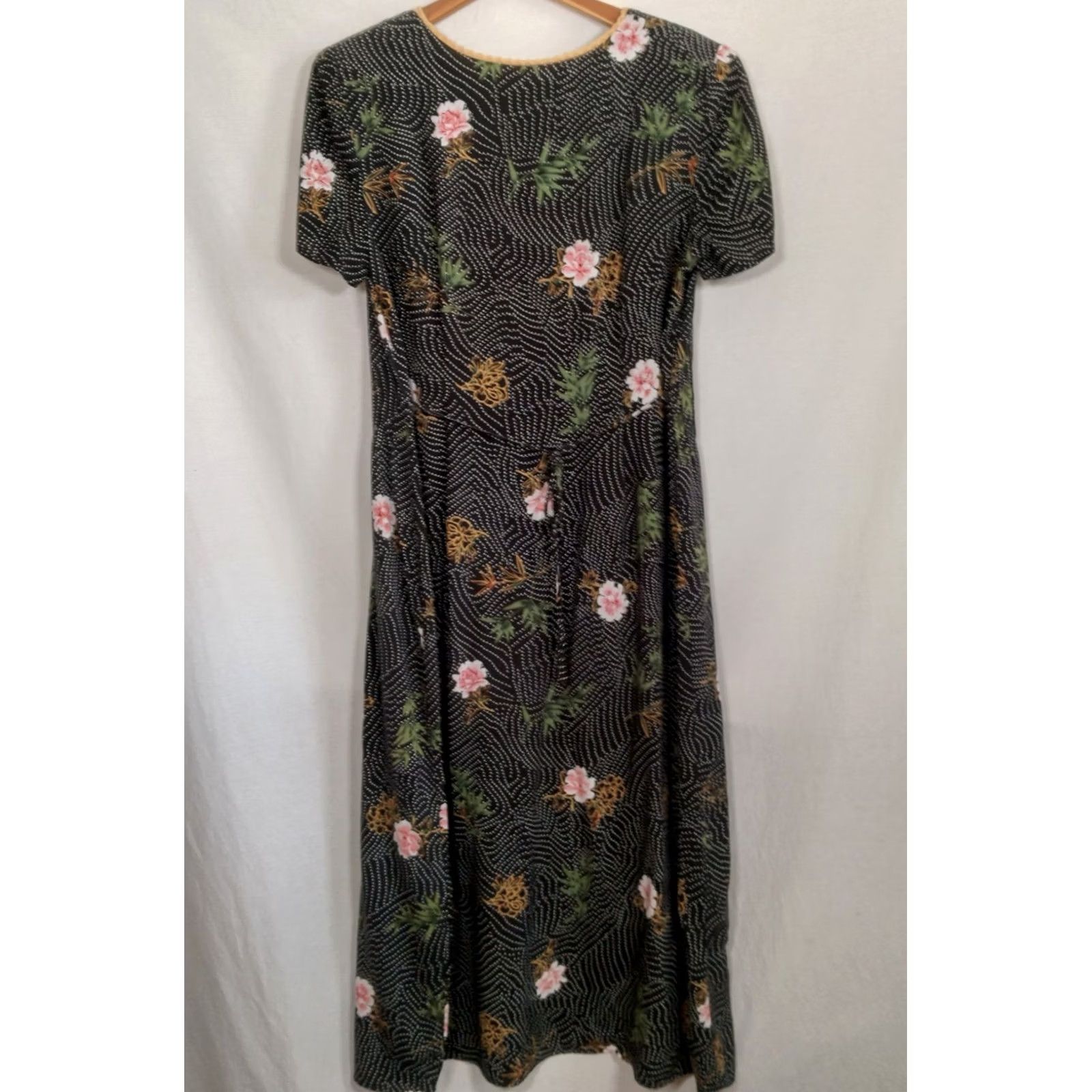 Vintage VINTAGE R&K Originals Dress Maxi Women 1990s Polka Dot Black Pink Floral Rayon 50" Long Size L / US 10 / IT 46 - 3 Thumbnail