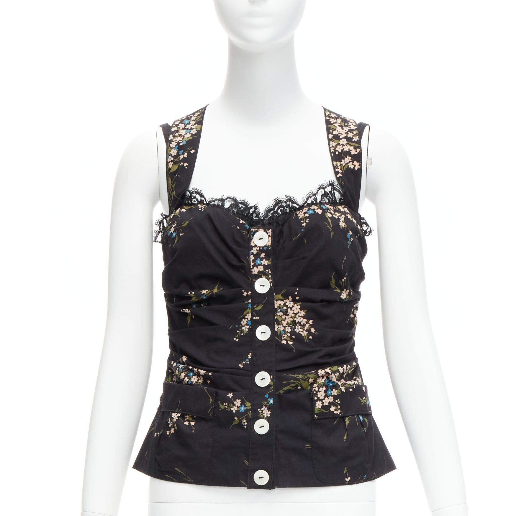 Dolce & Gabbana DOLCE GABBANA black floral print cross back lace trim corset top IT42 M Size M / US 6-8 / IT 42-44 - 1 Thumbnail