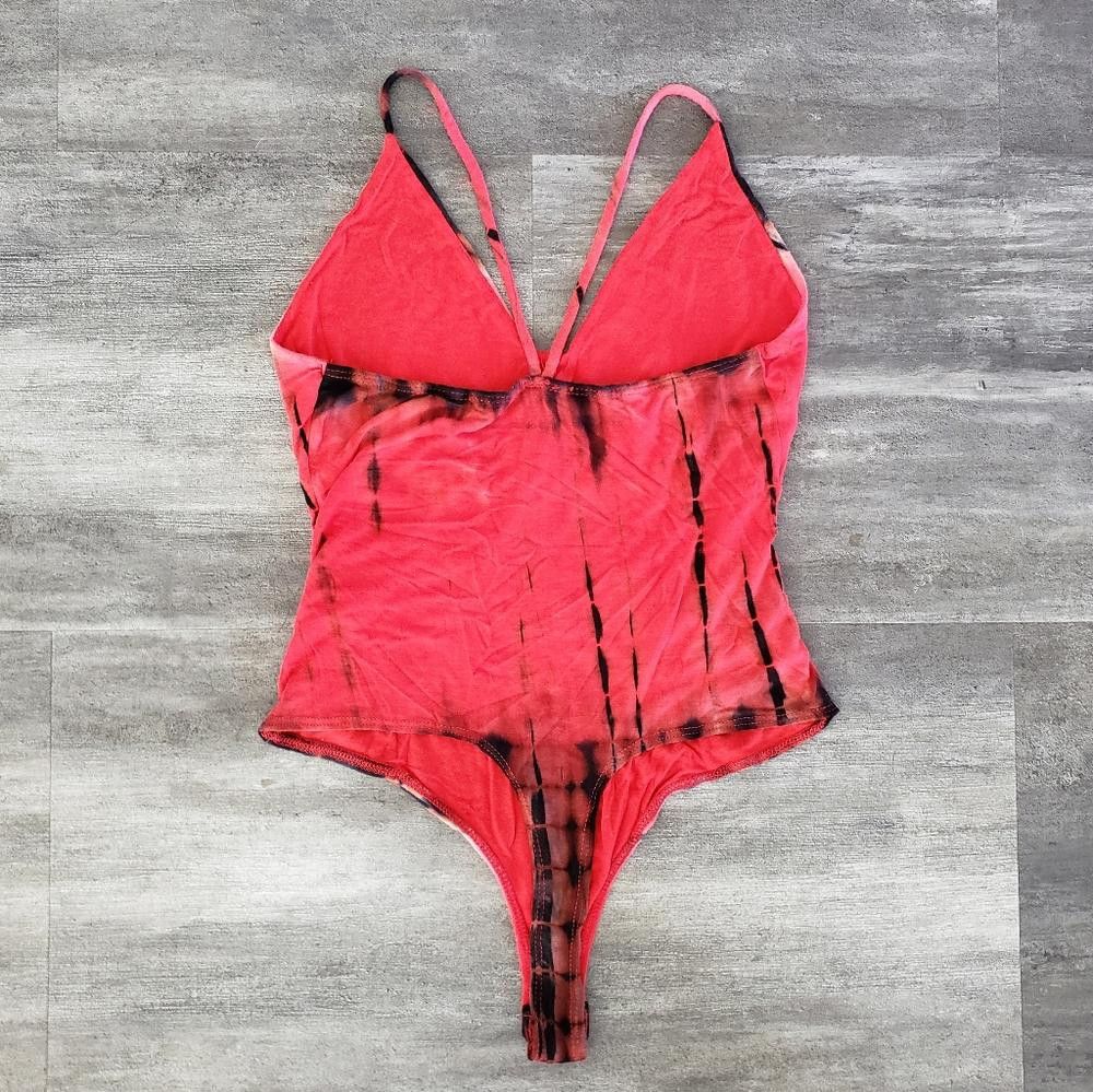 Fashion Nova Red Black Detailed FN Thong Bodysuit Size ONE SIZE - 2 Thumbnail