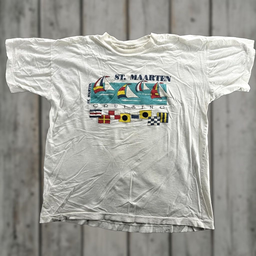 Paradise VINTAGE Paradise Island St. Maarten Shirt Mens XL Crew Neck Short Sleeve Graphic Sailboats Nautical 90s Travel Souvenir Mens XL White Size US XL / EU 56 / 4 - 1 Thumbnail