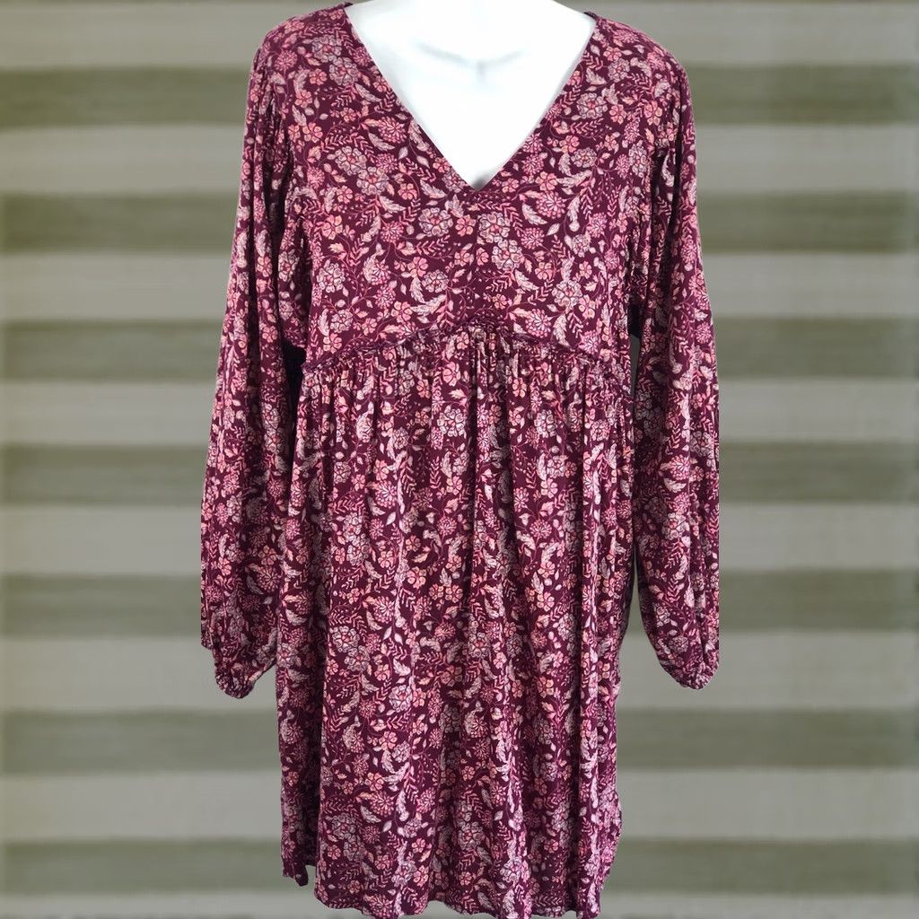 Old Navy Old Navy Prairie Dress L Magenta Floral Balloon Sleeve Ruffle Boho Peasant Hippie Dress Size L / US 10 / IT 46 - 1 Thumbnail