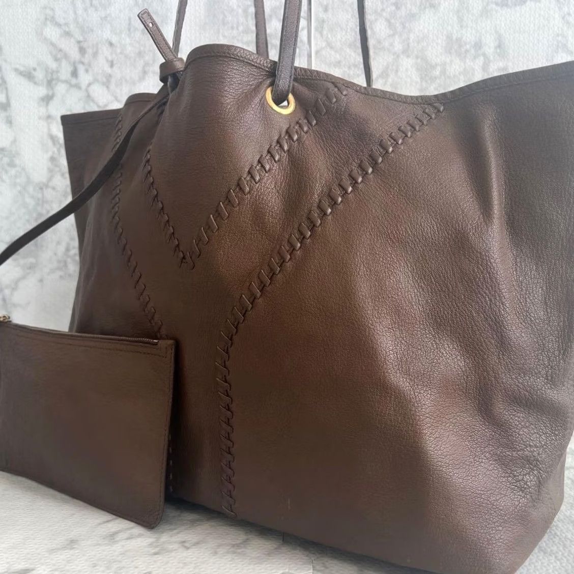 Yves Saint Laurent Yves Saint Laurent Brown Gold Leather Tote Shoulder Bag Reversible with Pouch Size ONE SIZE - 2 Thumbnail