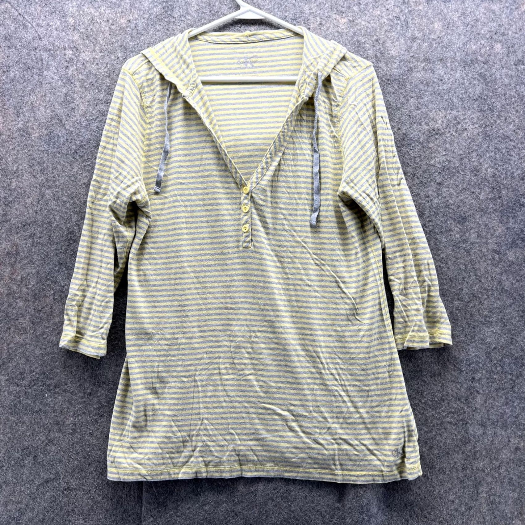 Calvin Klein Calvin Klein Sweater Women Large Pullover Hooded Striped Yellow Gray Fleece Cotton Logo Long Sleeve Size L / US 10 / IT 46 - 2 Thumbnail