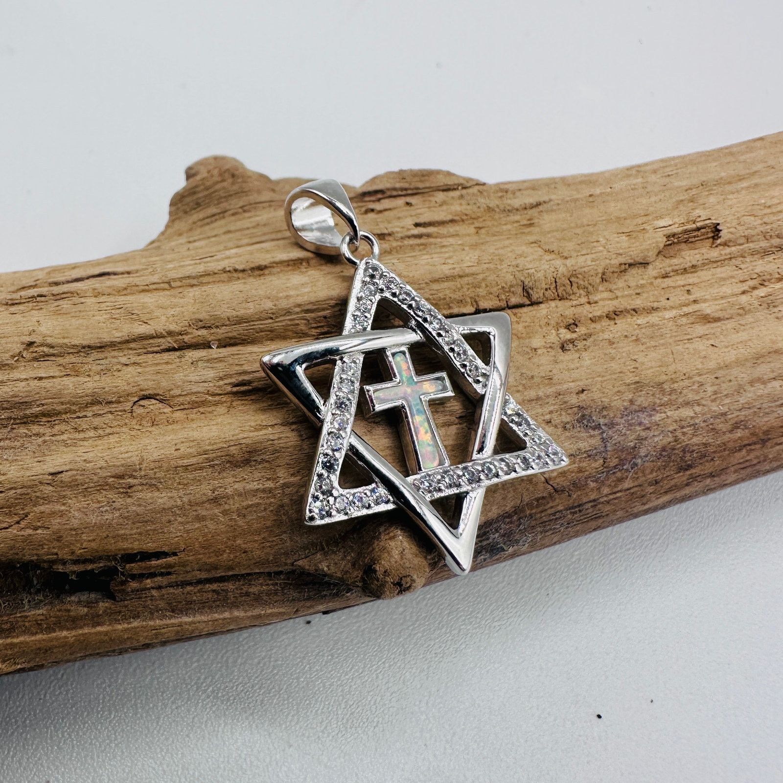 The Unbranded Brand Sterling Silver Star of David Lab Opal Cross CZ Pendant Size ONE SIZE - 4 Thumbnail