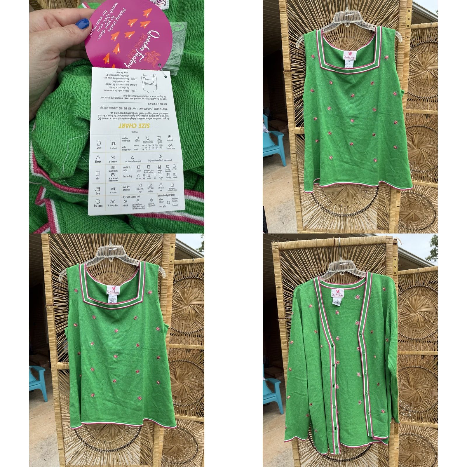 Quacker Factory VINTAGE Quacker Factory Ladies Sweater Cardigan And Tank Set Knit 1X Green Pink Bees Silk Blend Lightweight Long Sleeve Cardigan Womens Plus N/A Size XL / US 12-14 / IT 48-50 - 8 Thumbnail