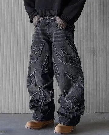 Designer × Japanese Brand × Vintage Retro Raw Edge Embroidery Baggy Jeans Size US 31 - 1 Thumbnail