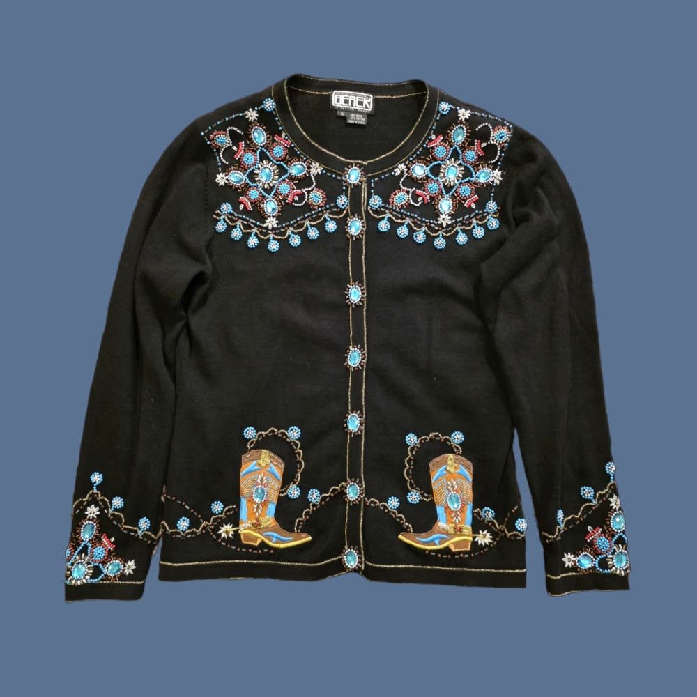 Vintage VINTAGE Berek Takako Sakon Embellished Cardigan Beaded Western Boho Black Small Size S / US 4 / IT 40 - 1 Thumbnail