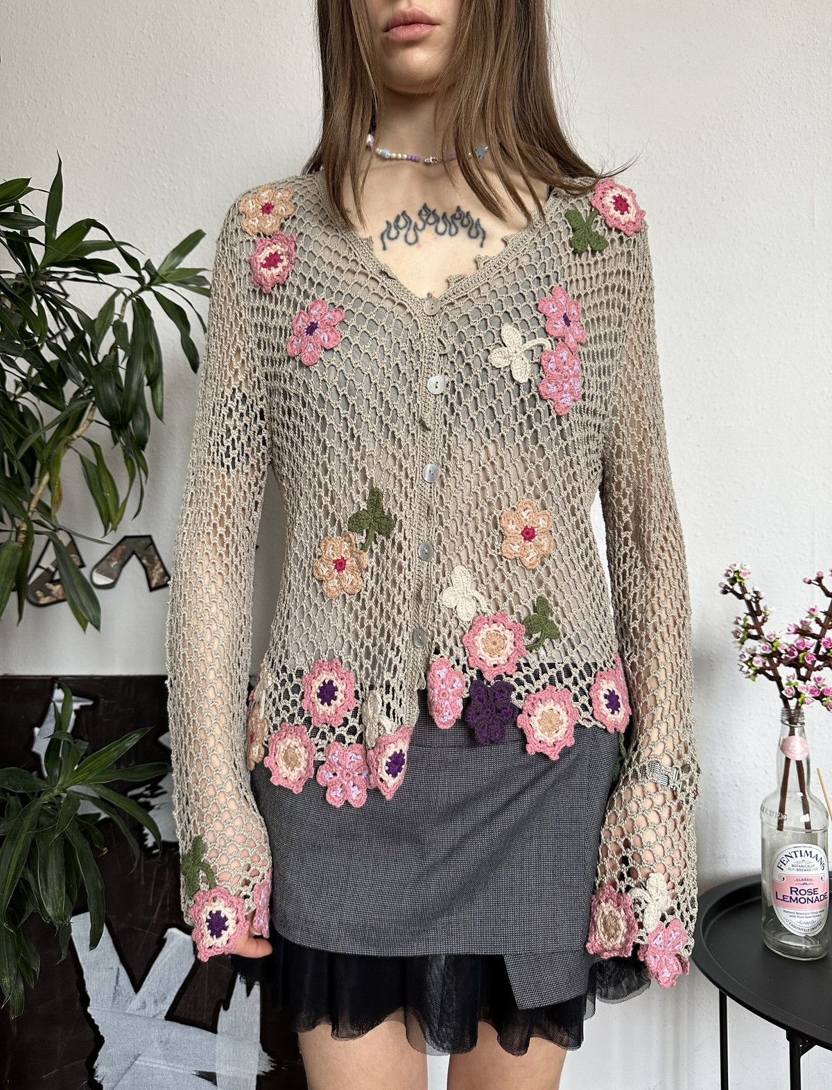 Japanese Brand × Seditionaries × Vintage Floral Knit Crochet Net Cardigan Flower Hippie Pattern Size XL / US 12-14 / IT 48-50 - 2 Thumbnail