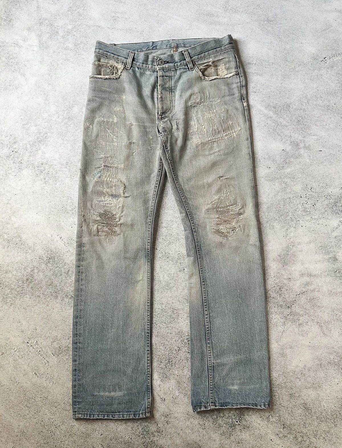 Pre-owned Helmut Lang X Vintage 1998 Thrashed & Repaired Denim In Light Wash