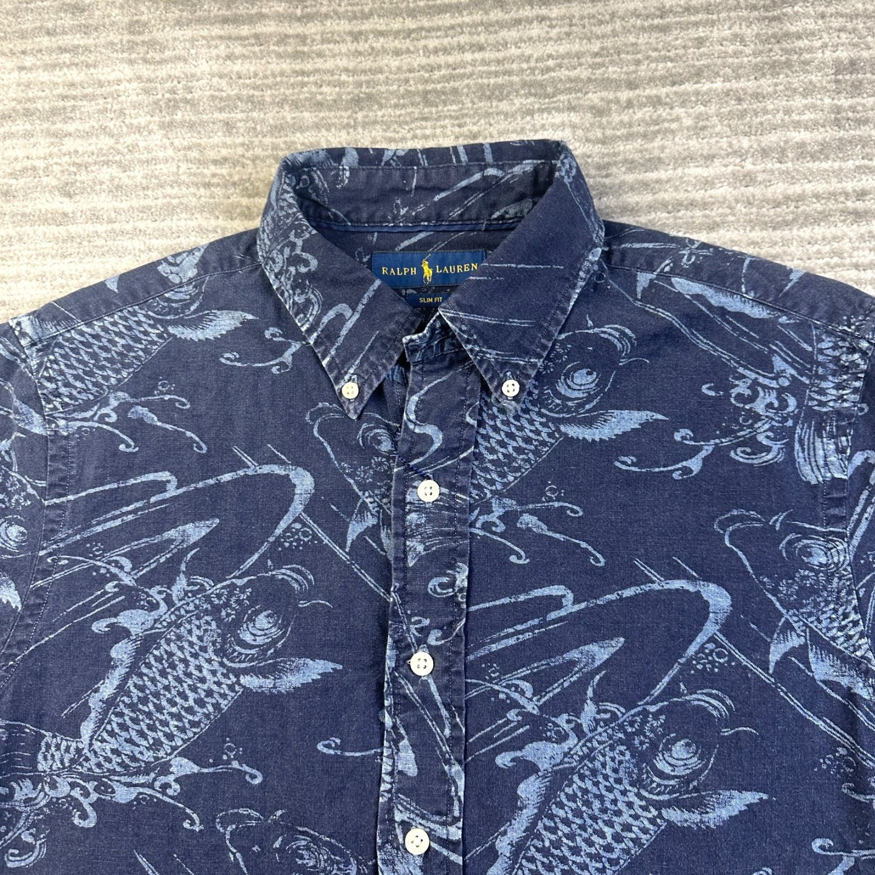 Ralph Lauren Shirt Mens Medium Slim Blue Button Up Koi All Over Print Geometric Pattern Short Sleeve Collared Knit Cotton Embroidered Button Up