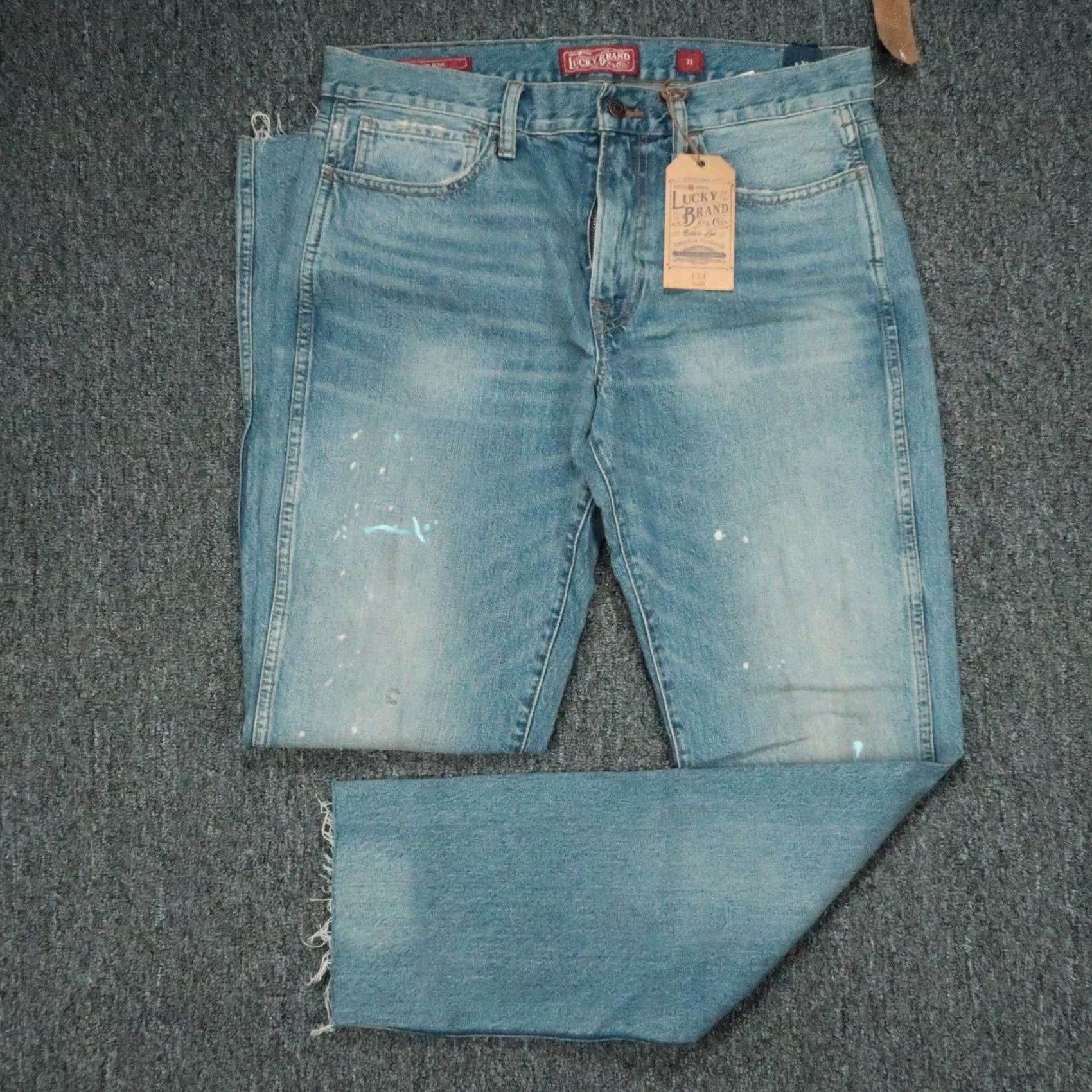 Lucky Brand Lucky Brand Jeans Mens 35x33 Slim Distressed Paint Splatter Blue Denim 5-Pocket Straight Zip Button Inseam 33 Vintage No Mens Size US 35 - 2 Thumbnail