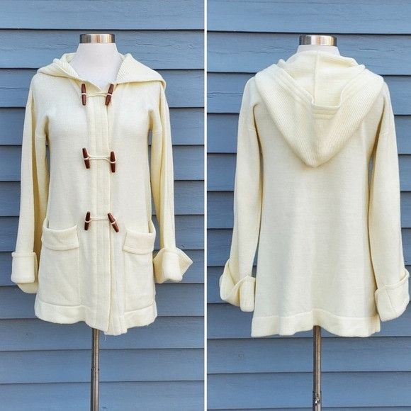 Vintage Vintage 70s Boho Hippie Cream Acrylic Knit Toggle Longline L Size M / US 6-8 / IT 42-44 - 1 Thumbnail