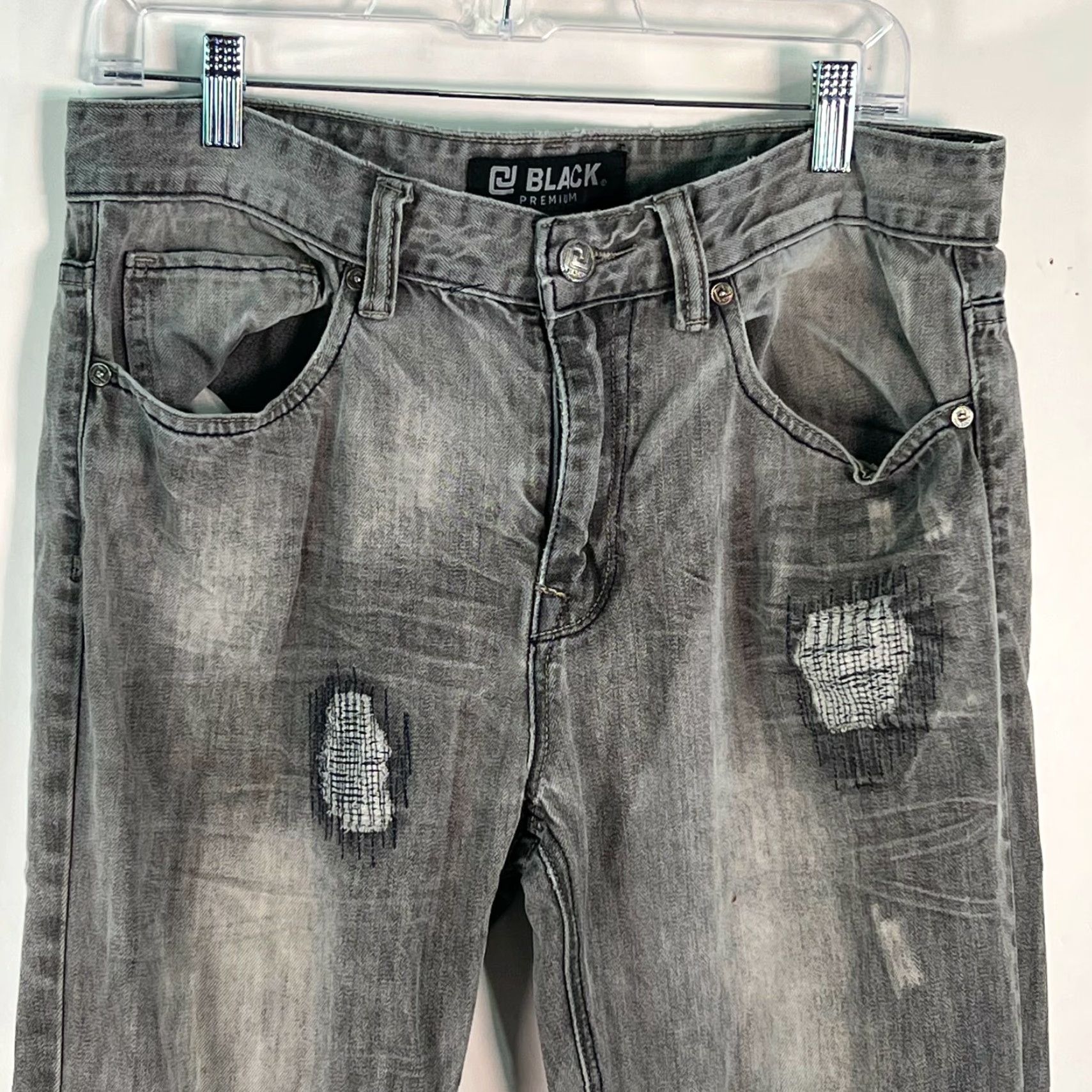 Denime Black Premium Mens Relaxed Fit Straight Distressed Gray Denim Jeans Size 32/34 - 5-Pocket Belt Loops Button Closure Denim Jeans Gray Mens Regular XS? Size US 34 / EU 50 - 4 Thumbnail