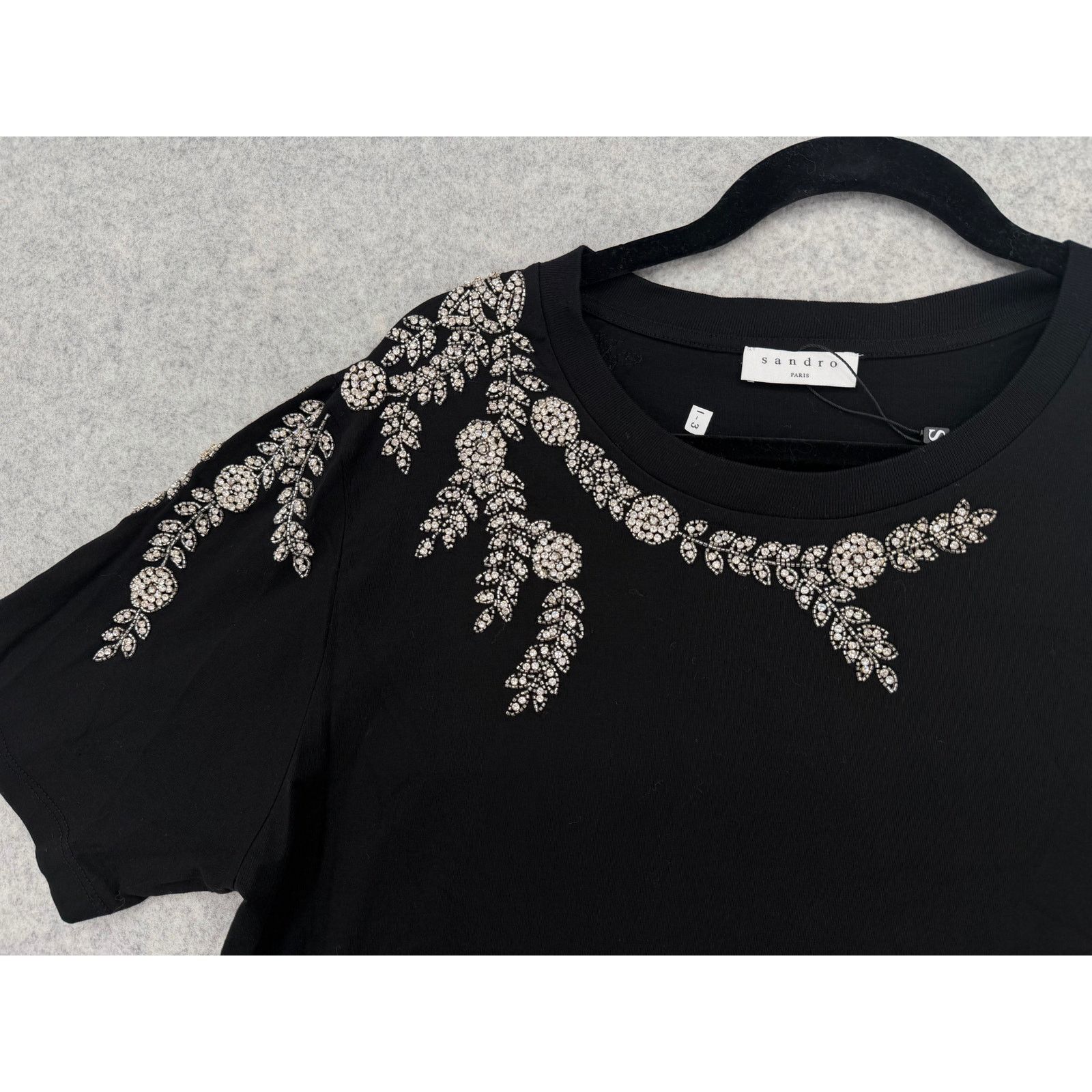 Sandro NEW Sandro Stras Beaded Rhinestone Embellished Black T-Shirt Size L / US 10 / IT 46 - 3 Thumbnail