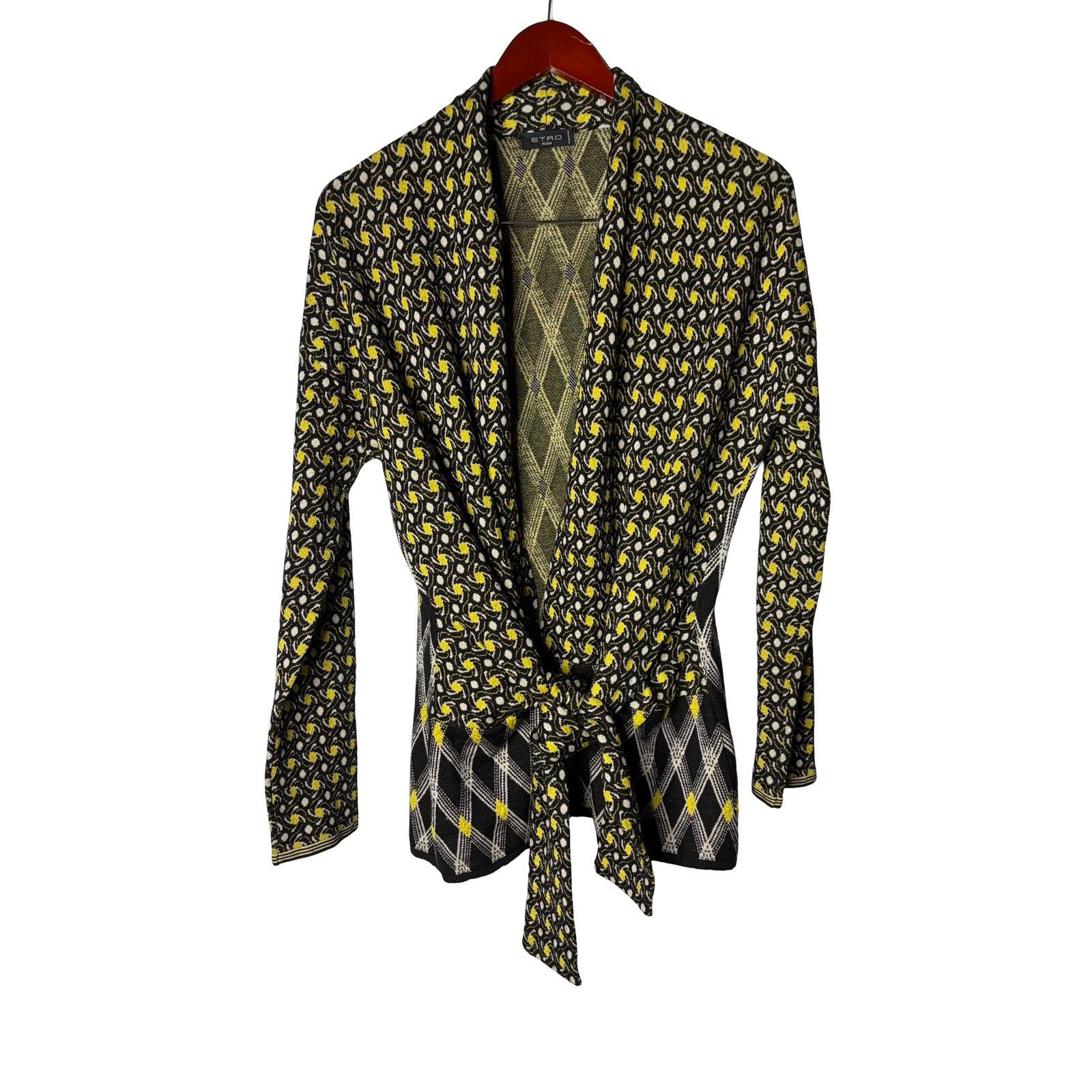 Etro Etro black yellow wool blend open cardigan tie waist sz L Size L / US 10 / IT 46 - 1 Thumbnail