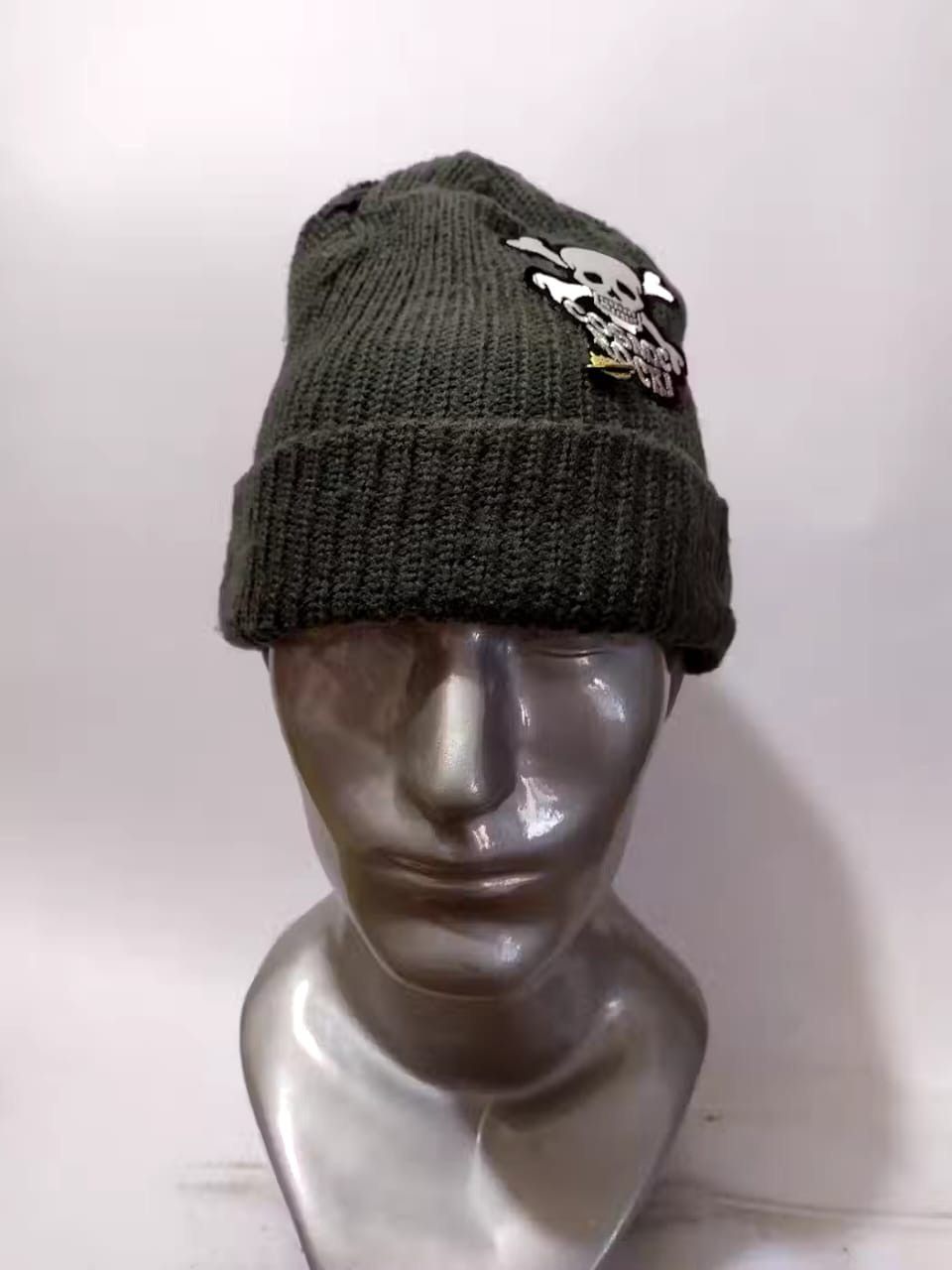 image of Cosmic Rock Skull Beanie Punk Bondage Design Hats in Olive, Men's
