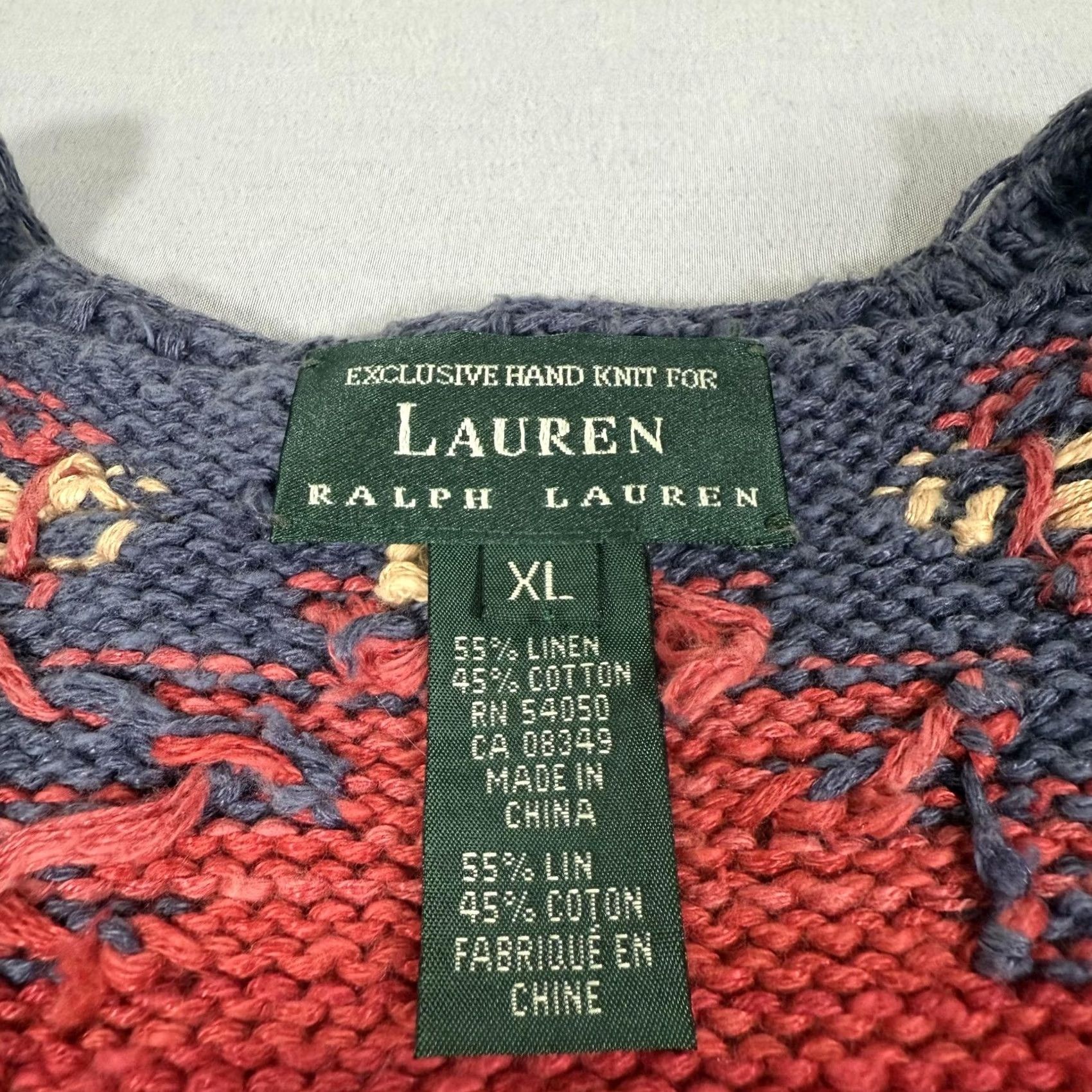 Ralph Lauren Lauren Ralph Lauren Vest Womens XL Hand Knit Aztec Geometric Linen Cotton Multicolor V-Neck Open Front with Leather Ties Buttoned Accents Size XL / US 12-14 / IT 48-50 - 6 Thumbnail