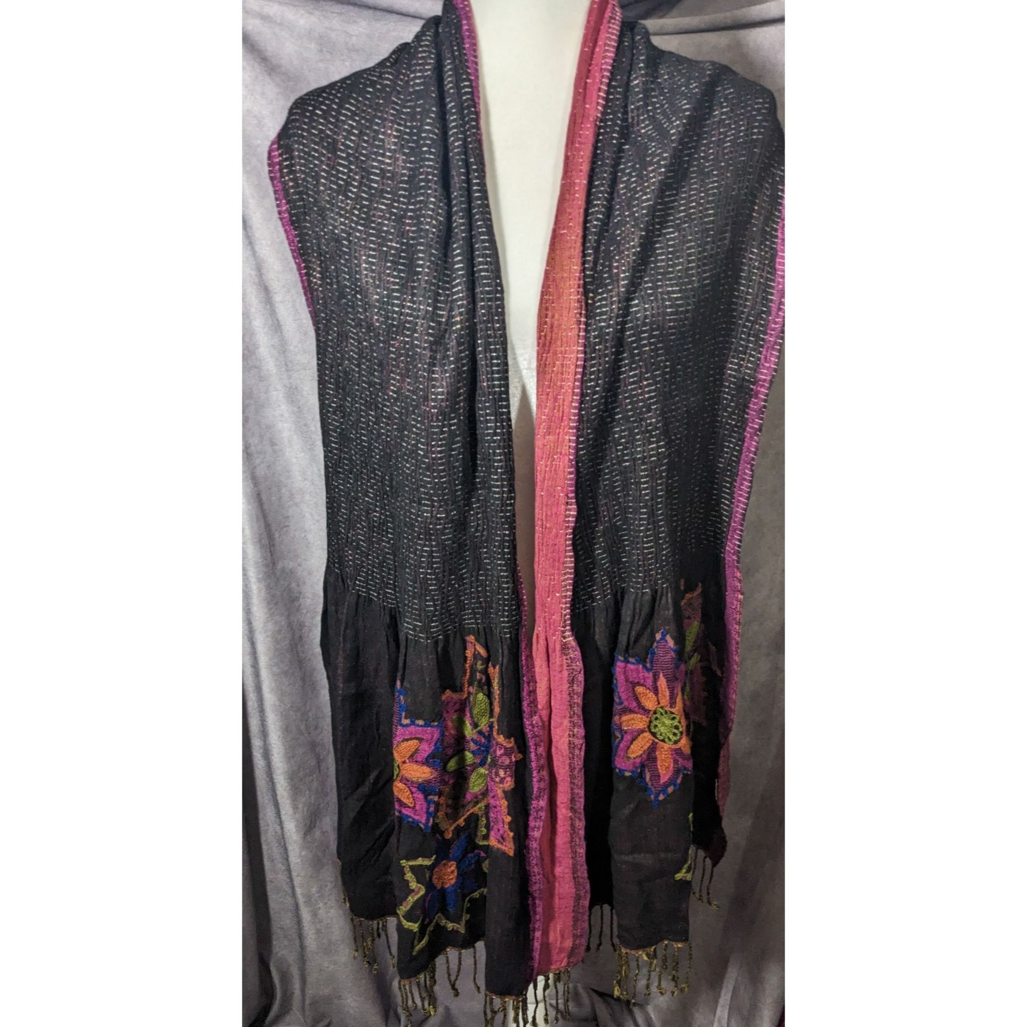 Other Vintage Bohemian Grey And Pink Floral Embroidered Scarf Size ONE SIZE - 8 Thumbnail