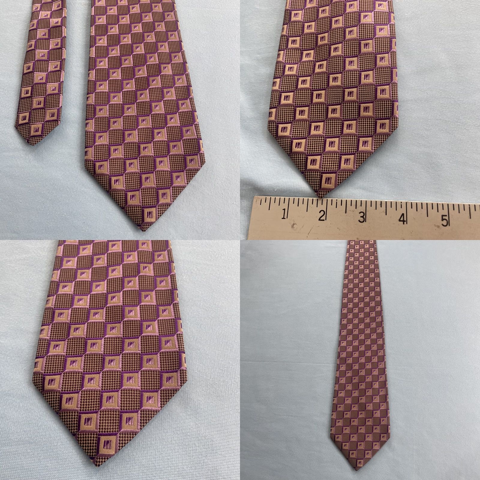 Vintage VINTAGE XMI Tie Geometric Designer Silk 100% Silk Purple Pink Gold Men Classic 57"-60" EUC Size ONE SIZE - 8 Thumbnail