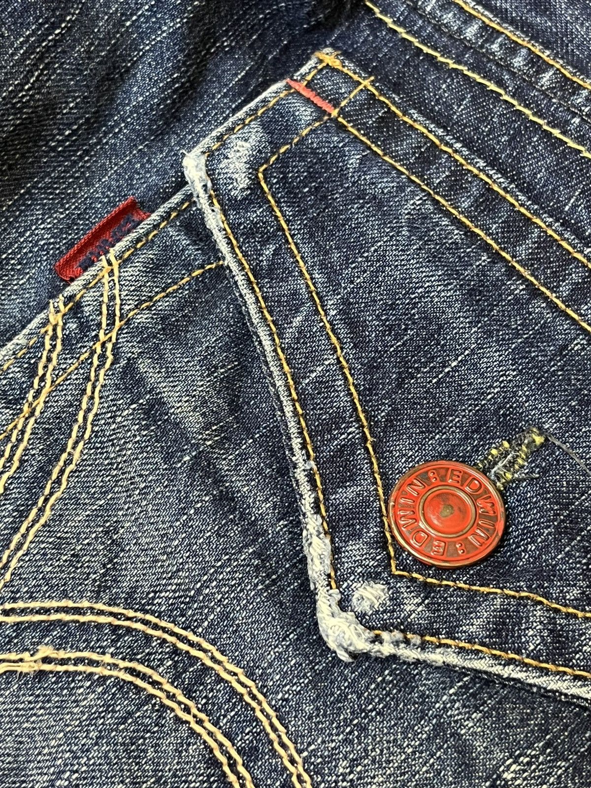 Edwin SICK🔥VINTAGE EDWIN 503 FLARED BLUE TRIP DISTRESSED JEANS Size US 35 - 17 Thumbnail