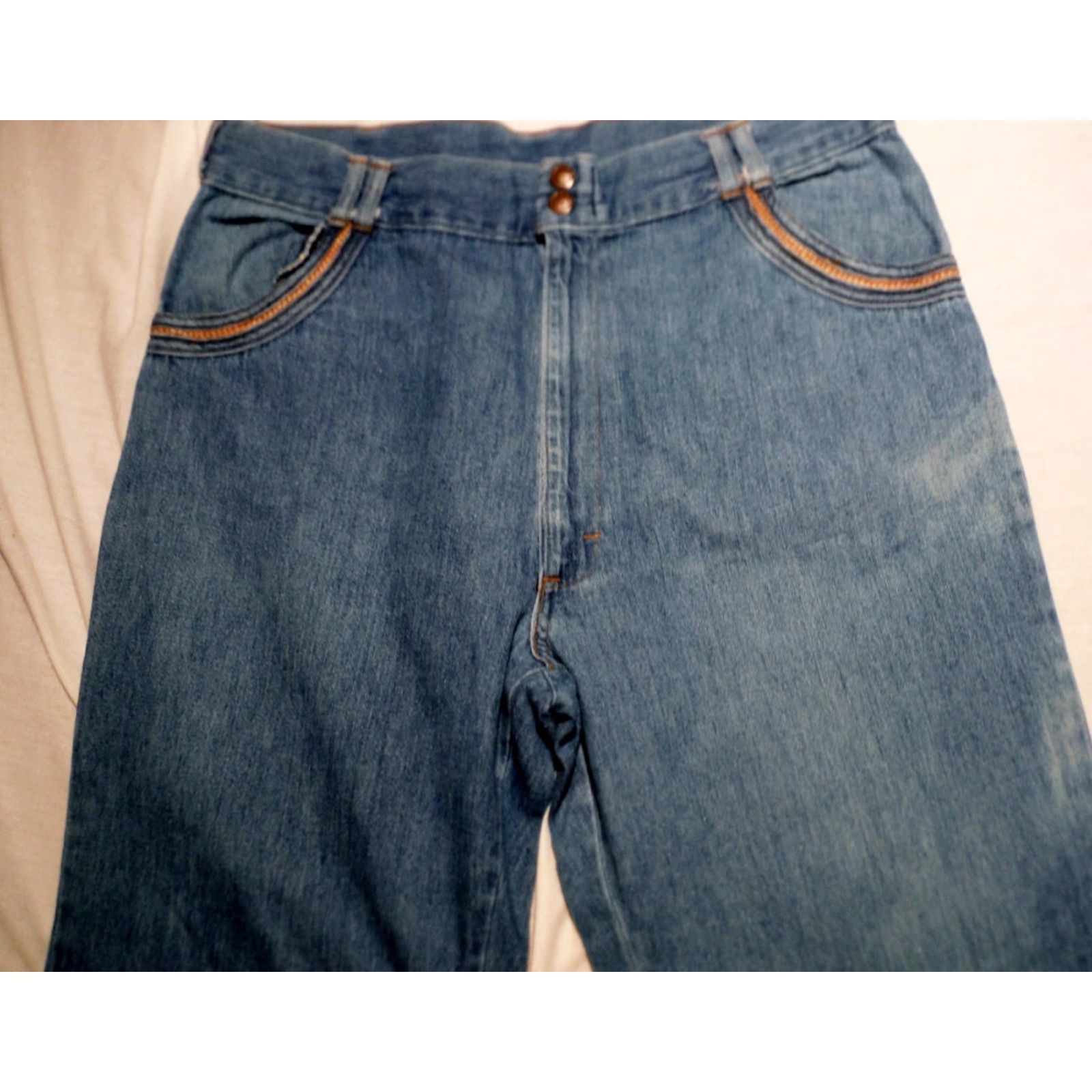 Nique VINTAGE 1970s Denim Jeans by POST GRADS H.I.S Hippy Boho Style Adult 35x30 Blue Unique Pockets USA Made Size US 35 - 4 Thumbnail