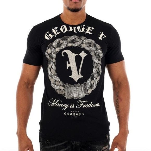 Designer Silver Black Tee George V Designer Brand From Paris Rhinesto Size US L / EU 52-54 / 3 - 1 Thumbnail