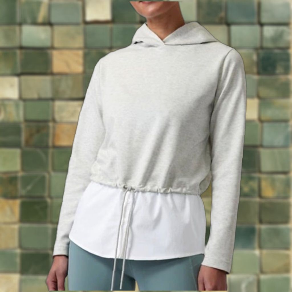 Athleta Athleta Hoodie Womens Small Tie Waist Poplin Gray White Sweatshirt Top Pullover Casual Activewear Size S / US 4 / IT 40 - 1 Thumbnail