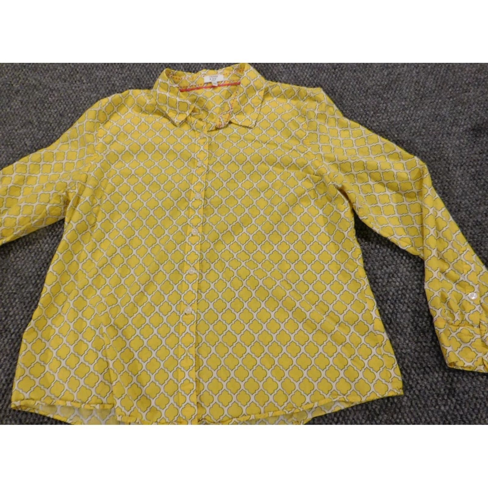 Vintage Crown & Ivy Womens Button-Up Blouse PXL Petites Yellow Floral Knit 100% Cotton Button Front Long Sleeve Collared Casual Regular Mens/Womens Size XL / US 12-14 / IT 48-50 - 3 Thumbnail