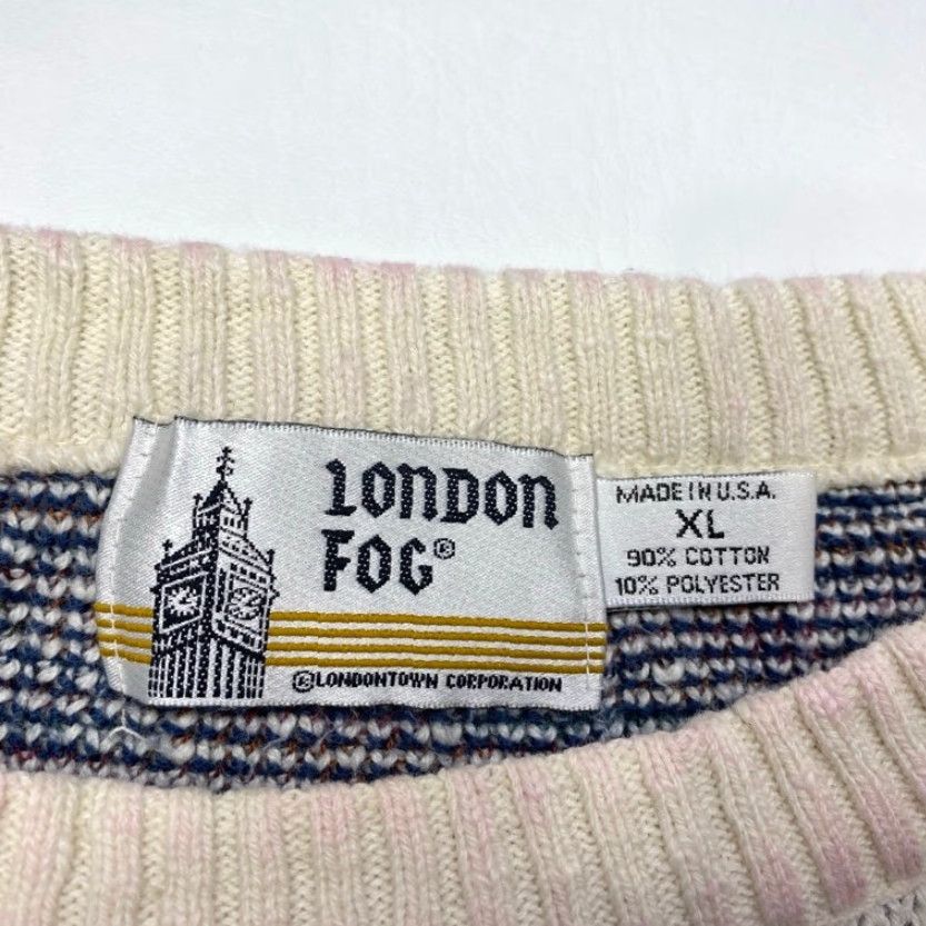 VINTAGE London Fog Sweater Mens XL Geometric Knit Pullover Crew Neck Multicolor 90s London Big Ben Ribbed Hem Cuffs USA Made Mens