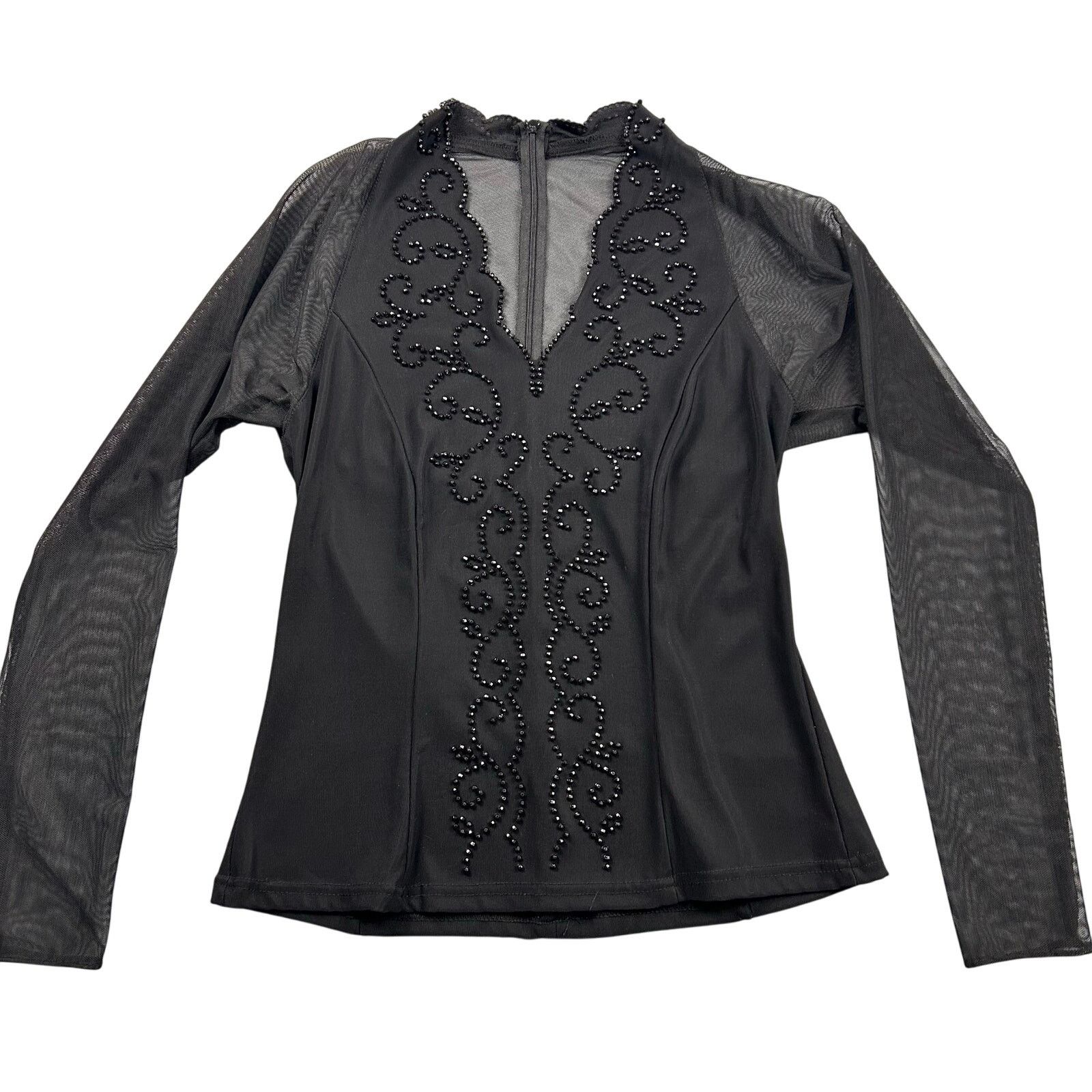 Vintage Vintage Beaded Blouse Black Sheer Long Sleeve V-Neck Size M / US 6-8 / IT 42-44 - 3 Thumbnail