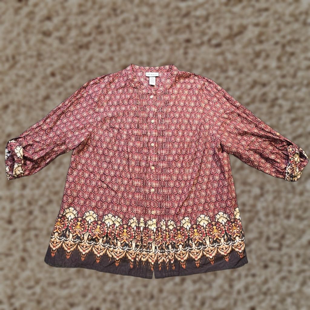 Vintage Catherine's Beaded Round Neck Button Blouse Women 1X Brown Orange Casual Career Geometric Pattern Size XL / US 12-14 / IT 48-50 - 1 Thumbnail