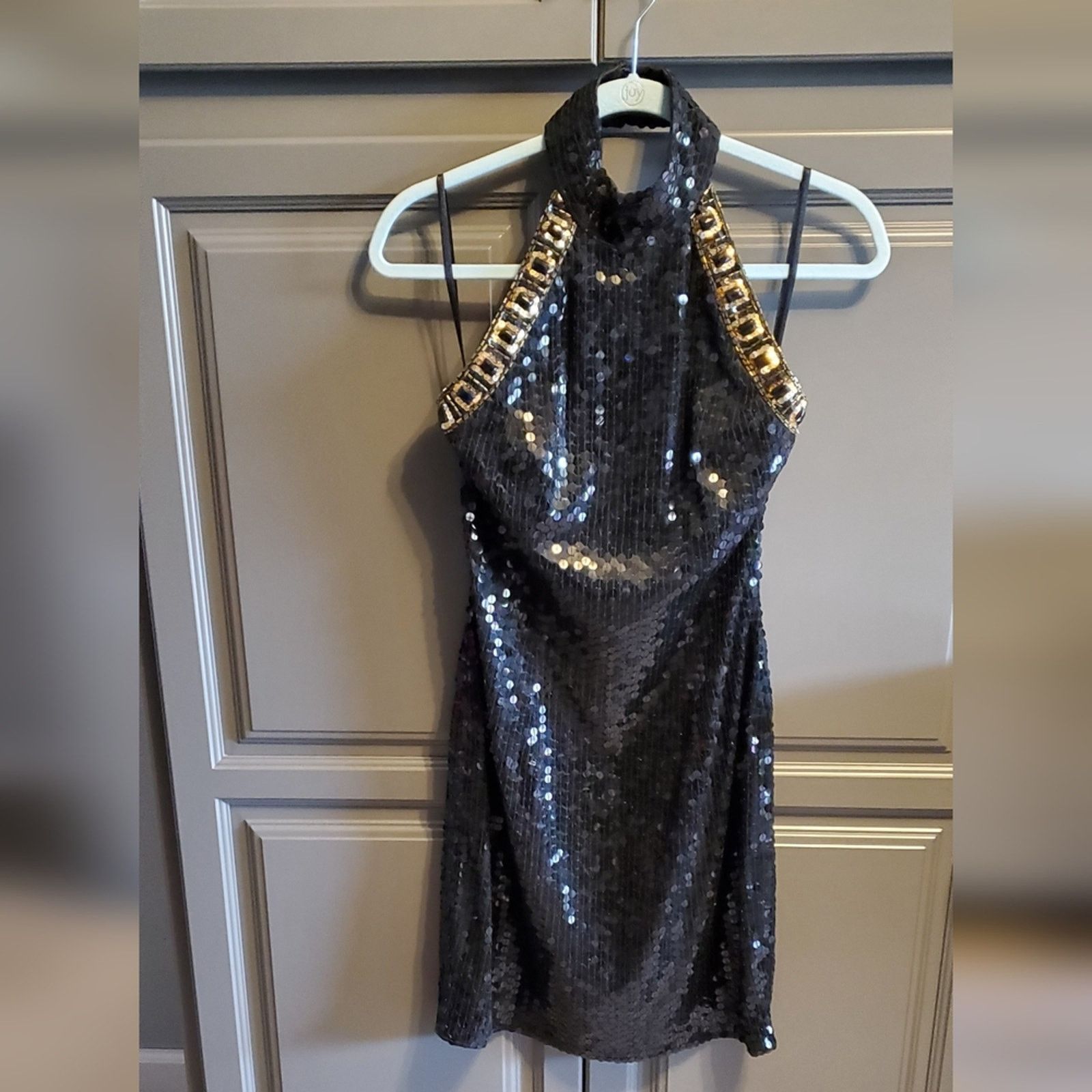 Vintage Niteline Black Gold halter silk sequin sparkle mini Dress Size L / US 10 / IT 46 - 1 Thumbnail