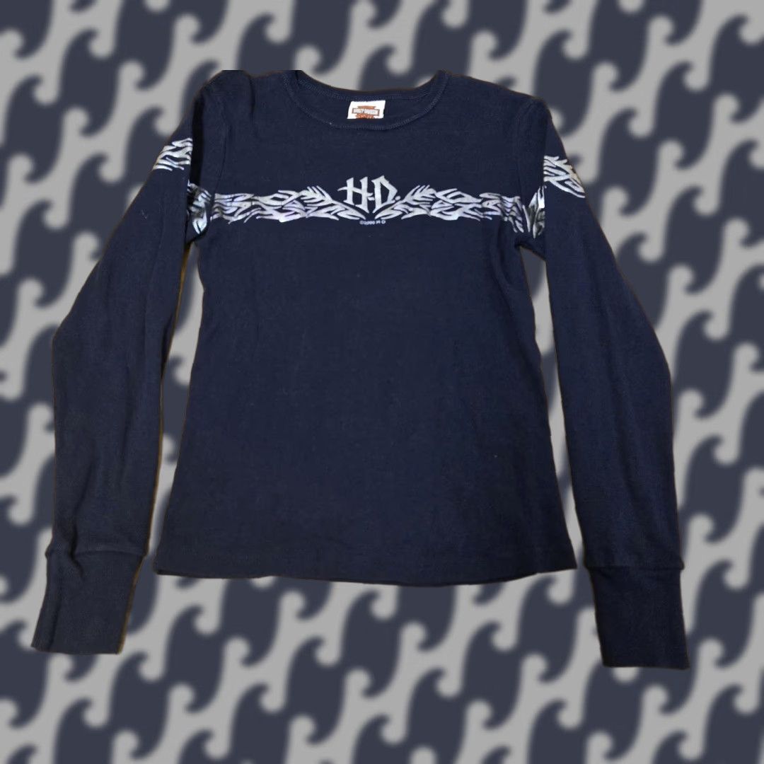 Harley Davidson VINTAGE Harley-Davidson Shirt Womens Small Blue Long Sleeve Tribal Graphic Made USA 2006 Size S / US 4 / IT 40 - 1 Thumbnail