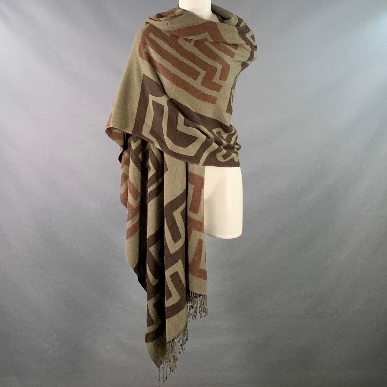 Other Brown Olive African Tribal Pashmina Silk Handpainted Shawl Size ONE SIZE - 4 Thumbnail